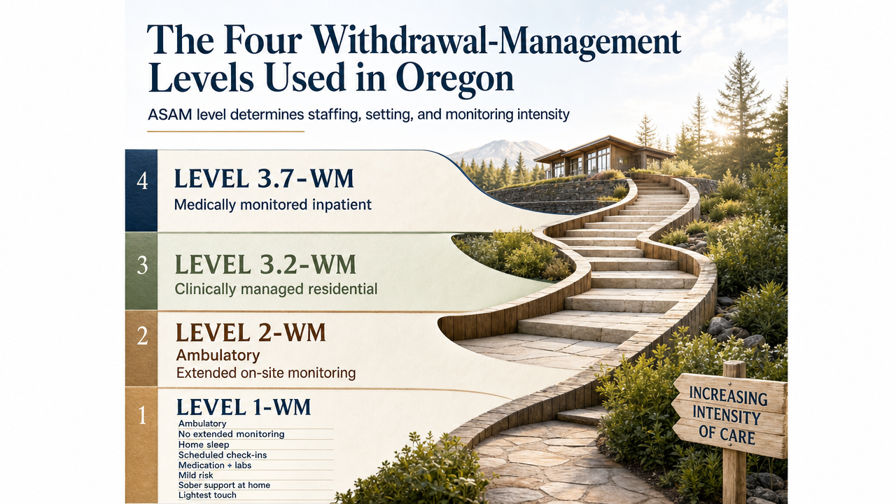 Visualize the four ASAM withdrawal-management levels used in Oregon as an escalating tier framework, directly supporting the section's comparison of levels 1-WM through 3.7-WM