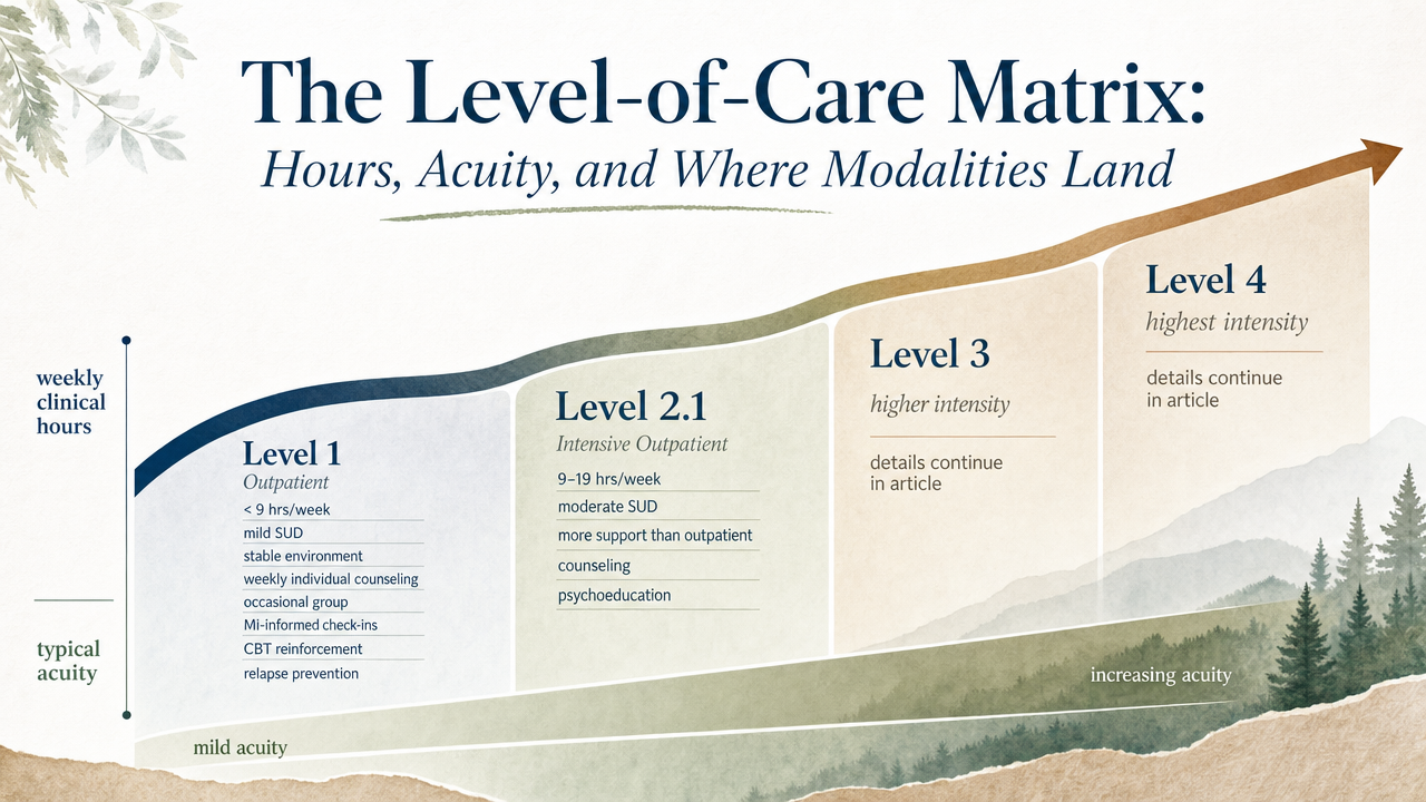 Visualize the ASAM level-of-care matrix explicitly described in this subsection, showing weekly clinical hours, typical acuity, and where modalities land across Levels 1 through 4