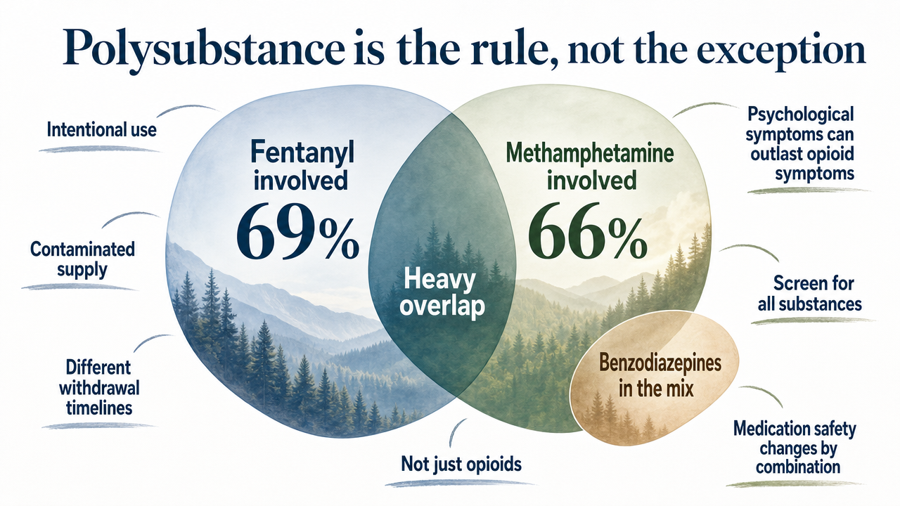 Support the cited statistic that fentanyl was involved in 69% and methamphetamine in 66% of Oregon overdose deaths in 2024, reinforcing the polysubstance point made in this section