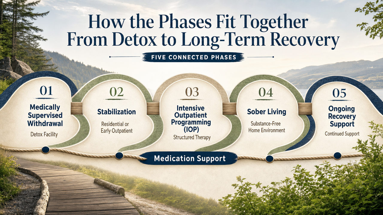 Visualize the five-phase treatment continuum described in the section, showing how detox, stabilization, IOP, sober living, and ongoing recovery support connect, with medication threading through all phases