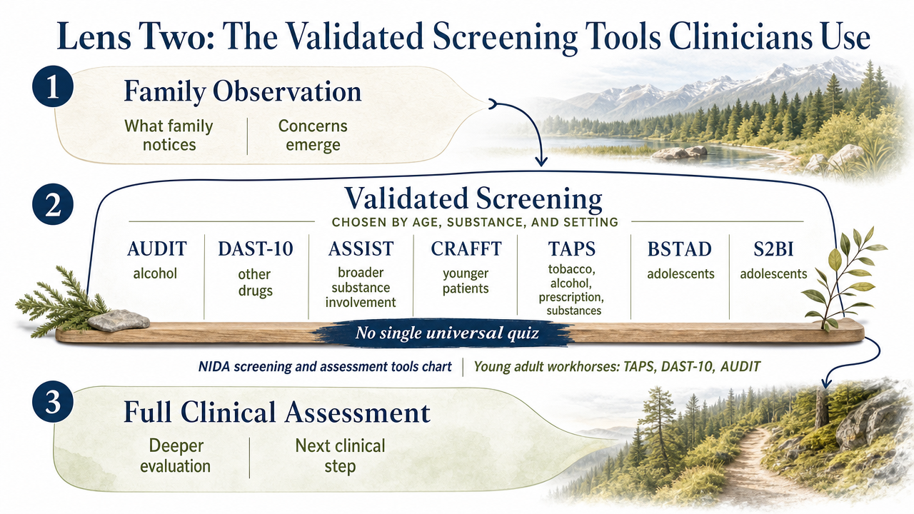 Visualize the three-tier pathway from family observation to validated screening to full clinical assessment, matching the article's central framework