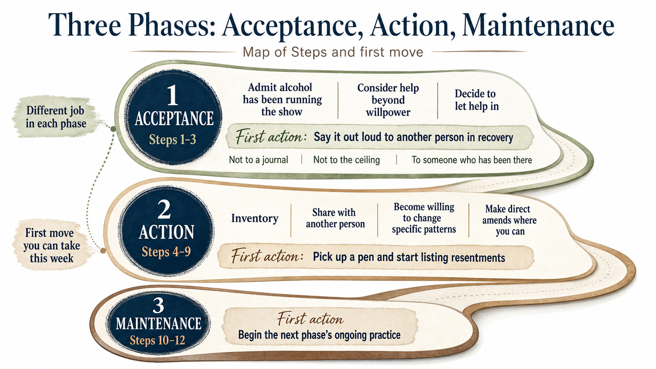 Visualize the three-phase framework the section explains, mapping Steps 1-3, 4-9, and 10-12 to their phase and first action