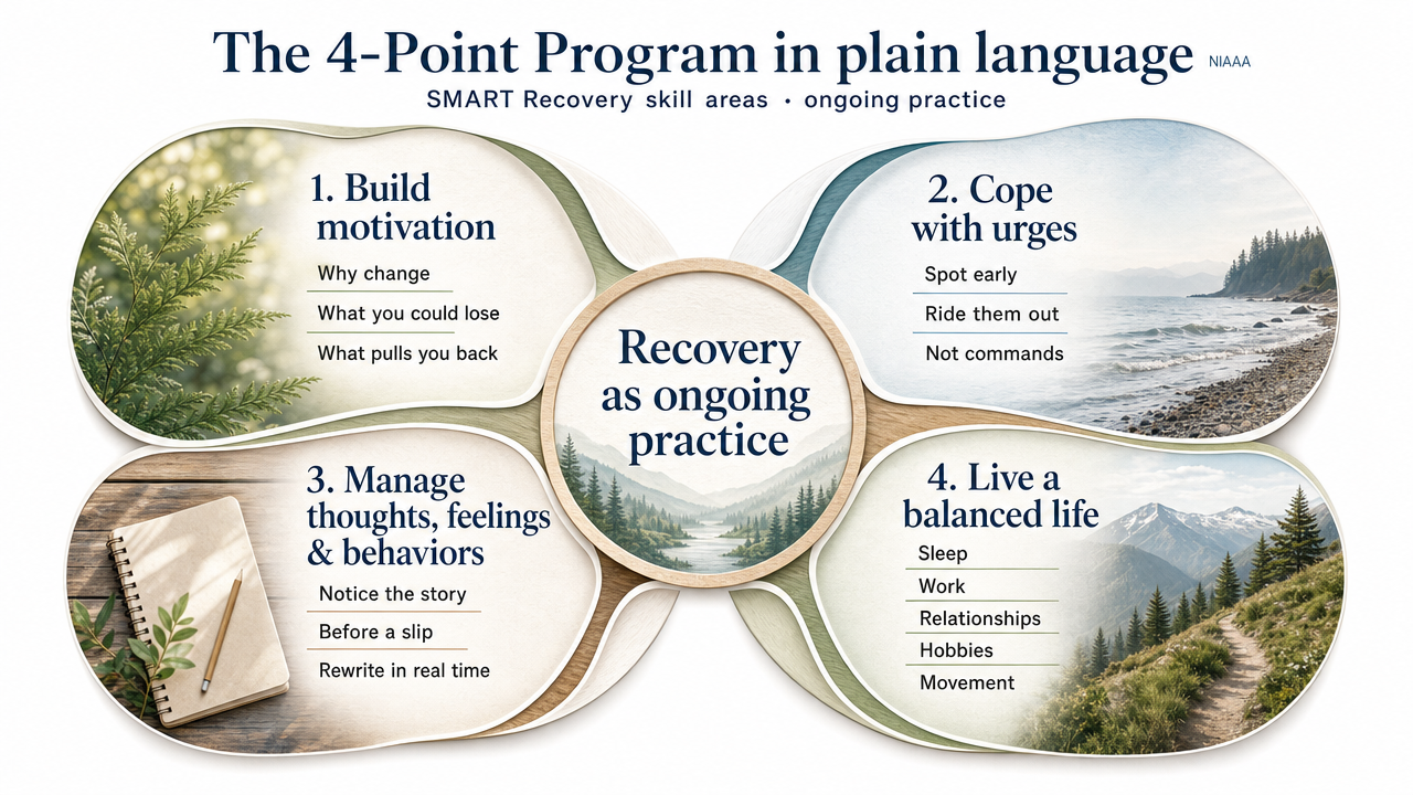 Visualize the four ongoing skill areas of SMART Recovery as described in this section and cited to NIAAA