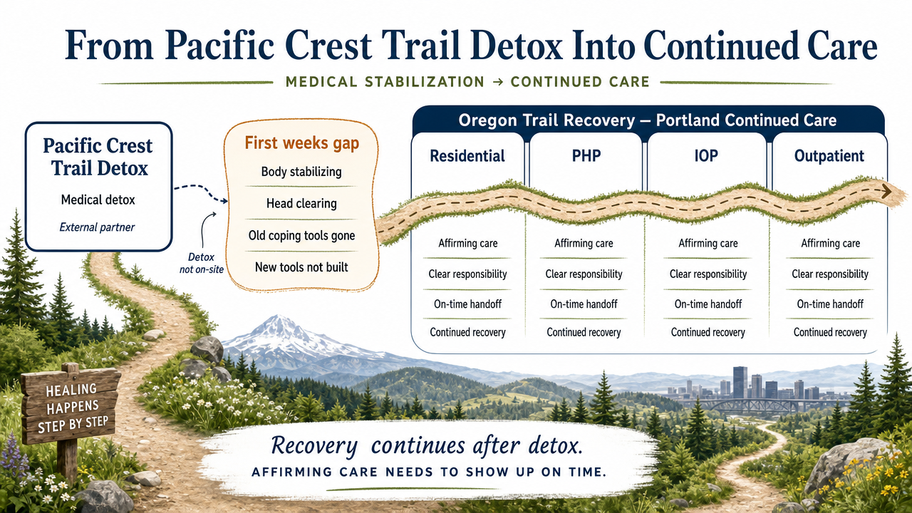 Show the continuum-of-care handoff described in this section, from external detox through Oregon Trail Recovery's levels of care, with affirming markers persisting across stages