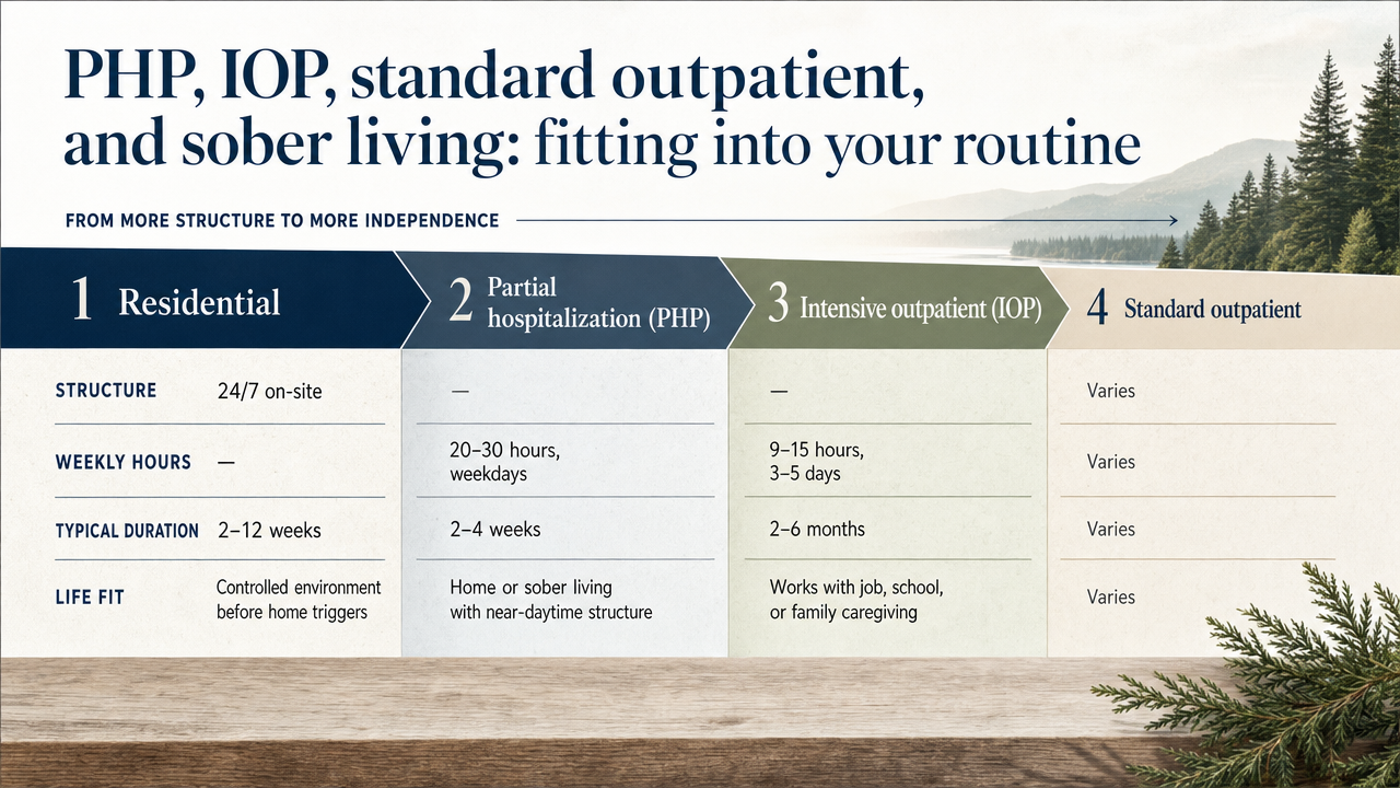 Visualize the levels-of-care comparison table from this section so readers can quickly compare structure, hours, duration, and life fit