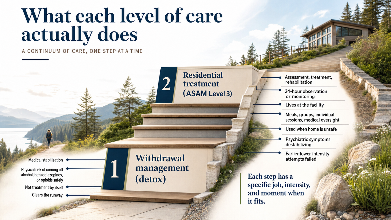Visualize the continuum-of-care staircase described in this section, since the article explicitly frames treatment as a staircase of connected levels with specific definitions and intensities