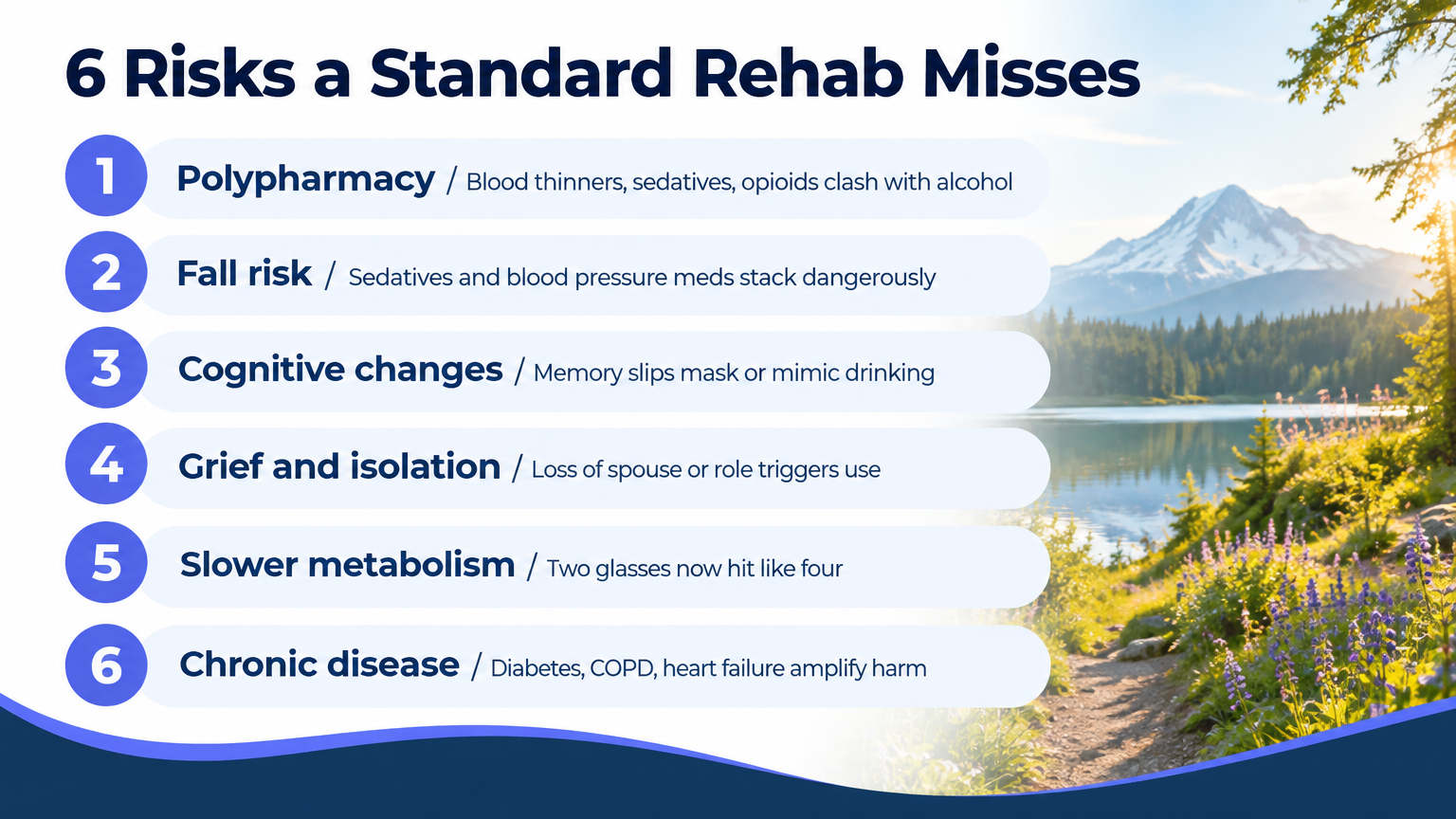 Infographic listing six age-specific risks a standard program misses in senior addiction treatment.