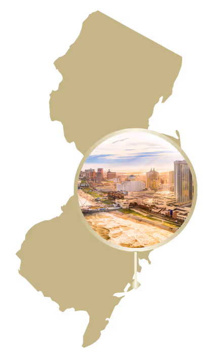Silhouette outline of the state of New Jersey with a circular inset showing a view of Atlantic City's boardwalk and casinos at sunset.