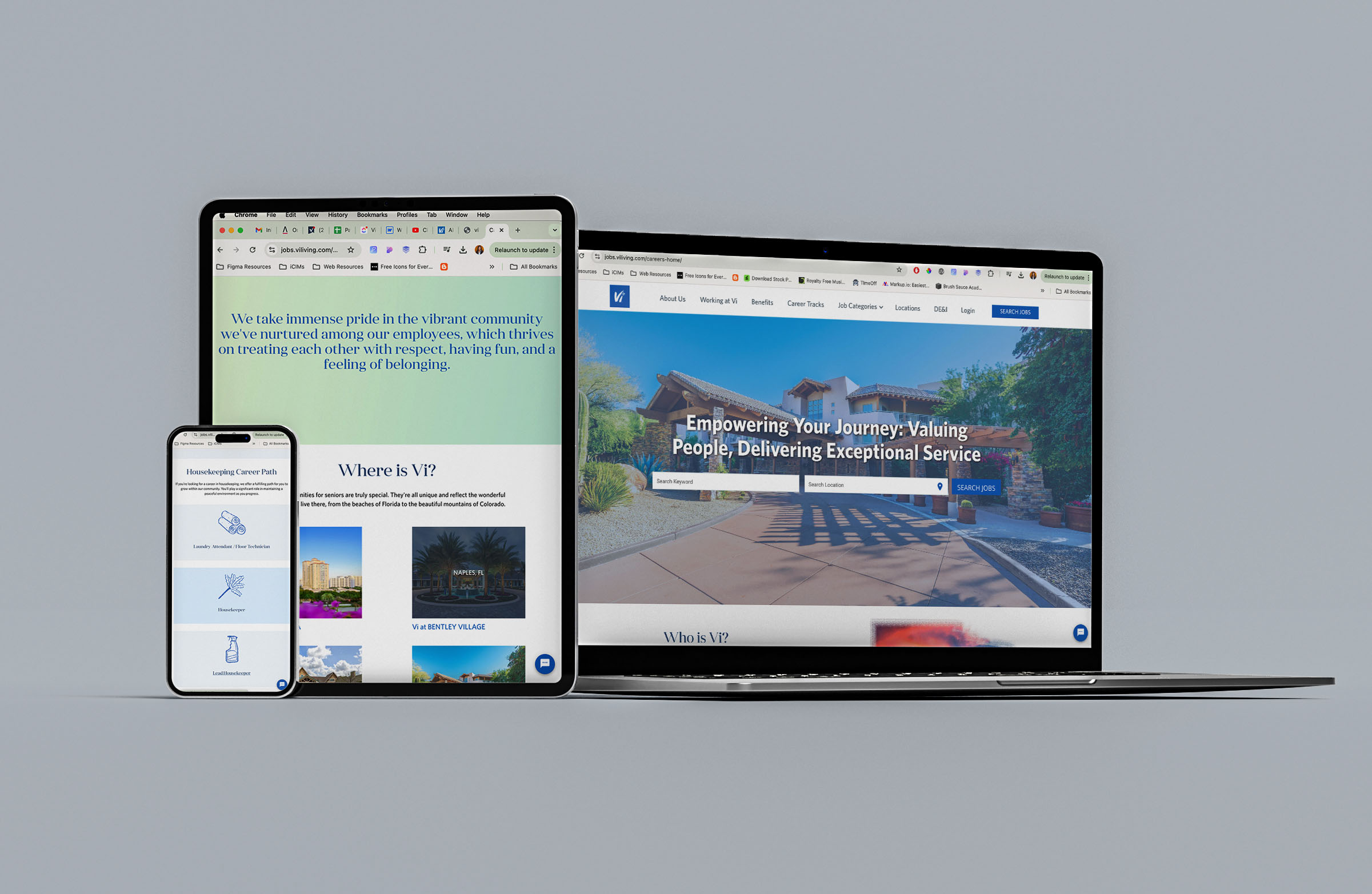 Smartphone, tablet, and laptop displaying a job search website with career paths and locations.