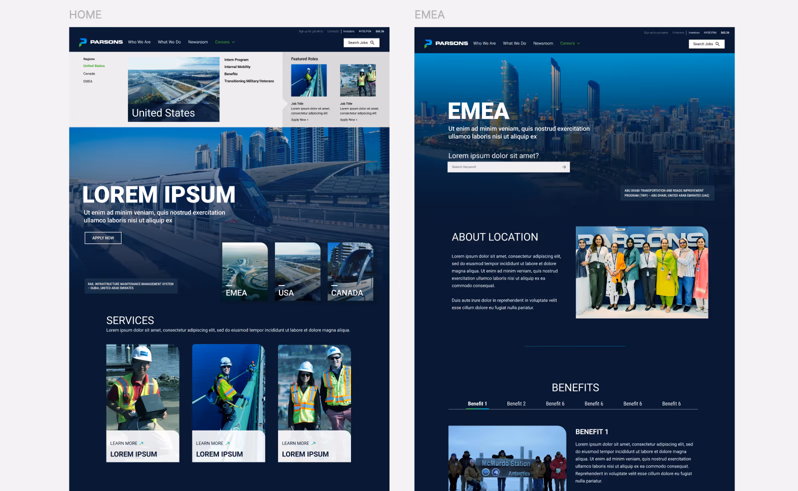 Parsons careers website mockup featuring construction workers in safety vests and helmets, images of infrastructure projects, and sections for job roles, services, projects, and company information.