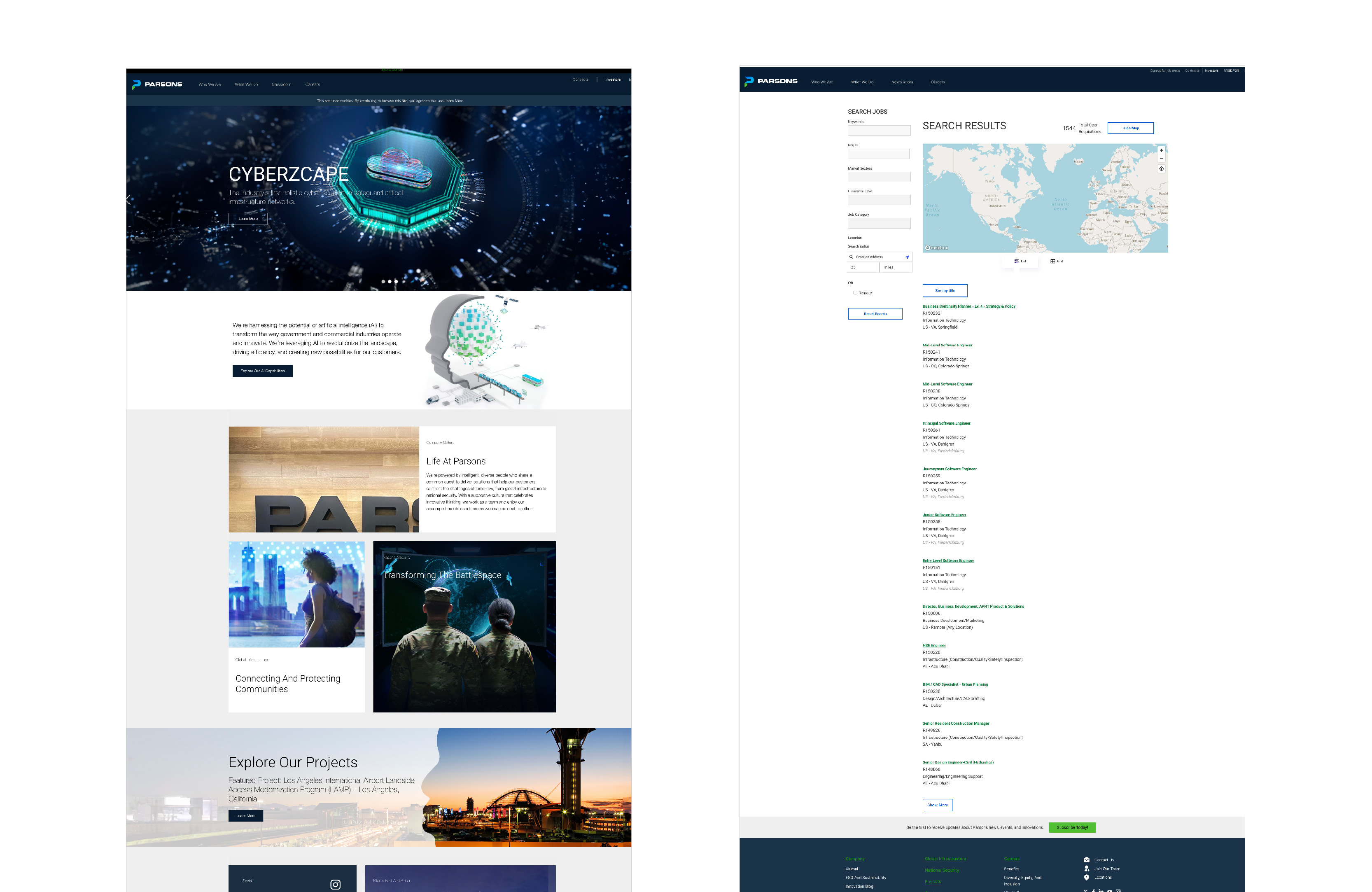 Website homepage and job search results page for Parsons, showing cybersecurity focus, community projects, and a world map with job listings.