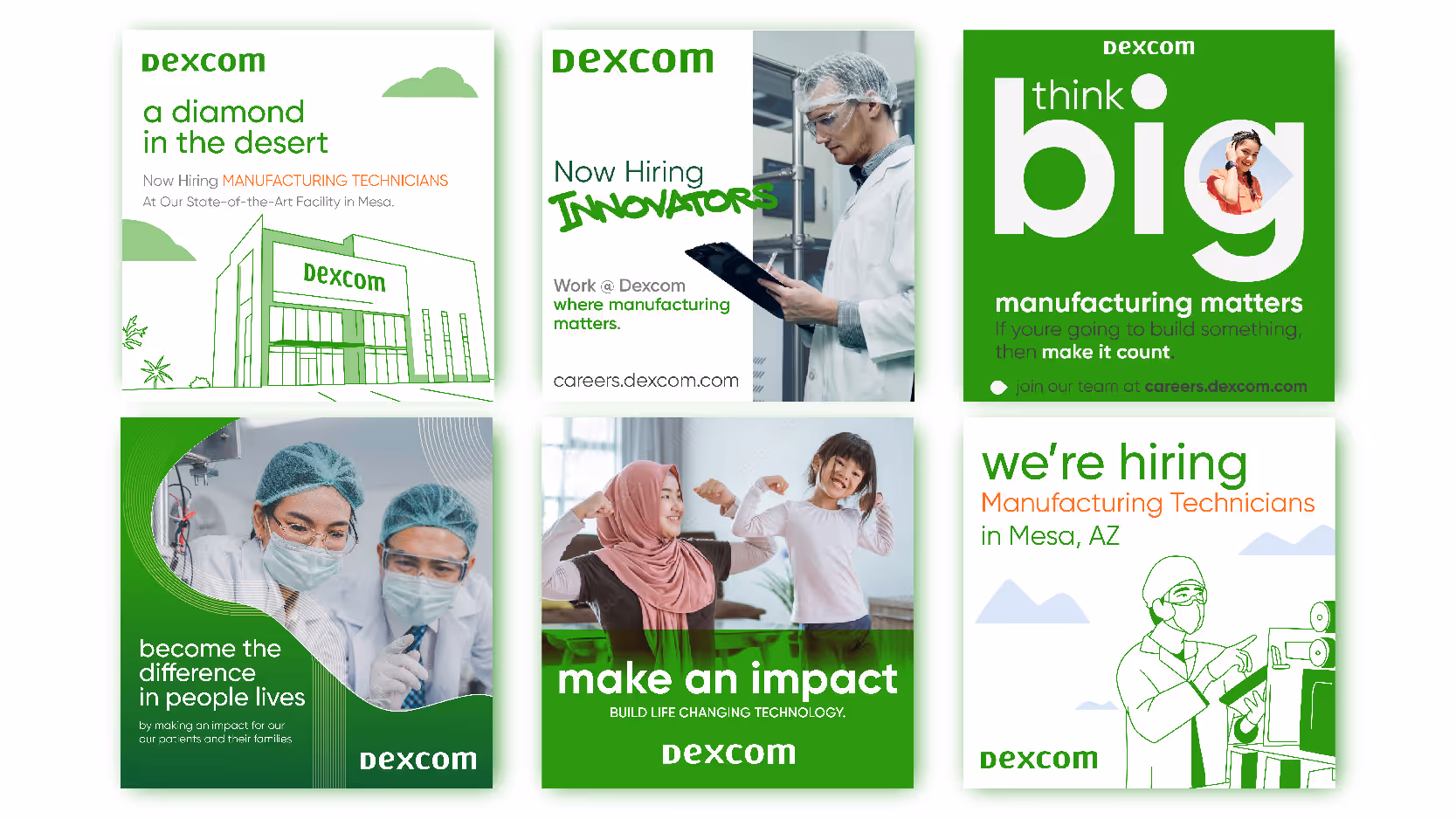 A collage of six Dexcom recruitment ads highlighting manufacturing technician jobs, innovation, impact, and hiring in Mesa, AZ with images of workers and diverse people.