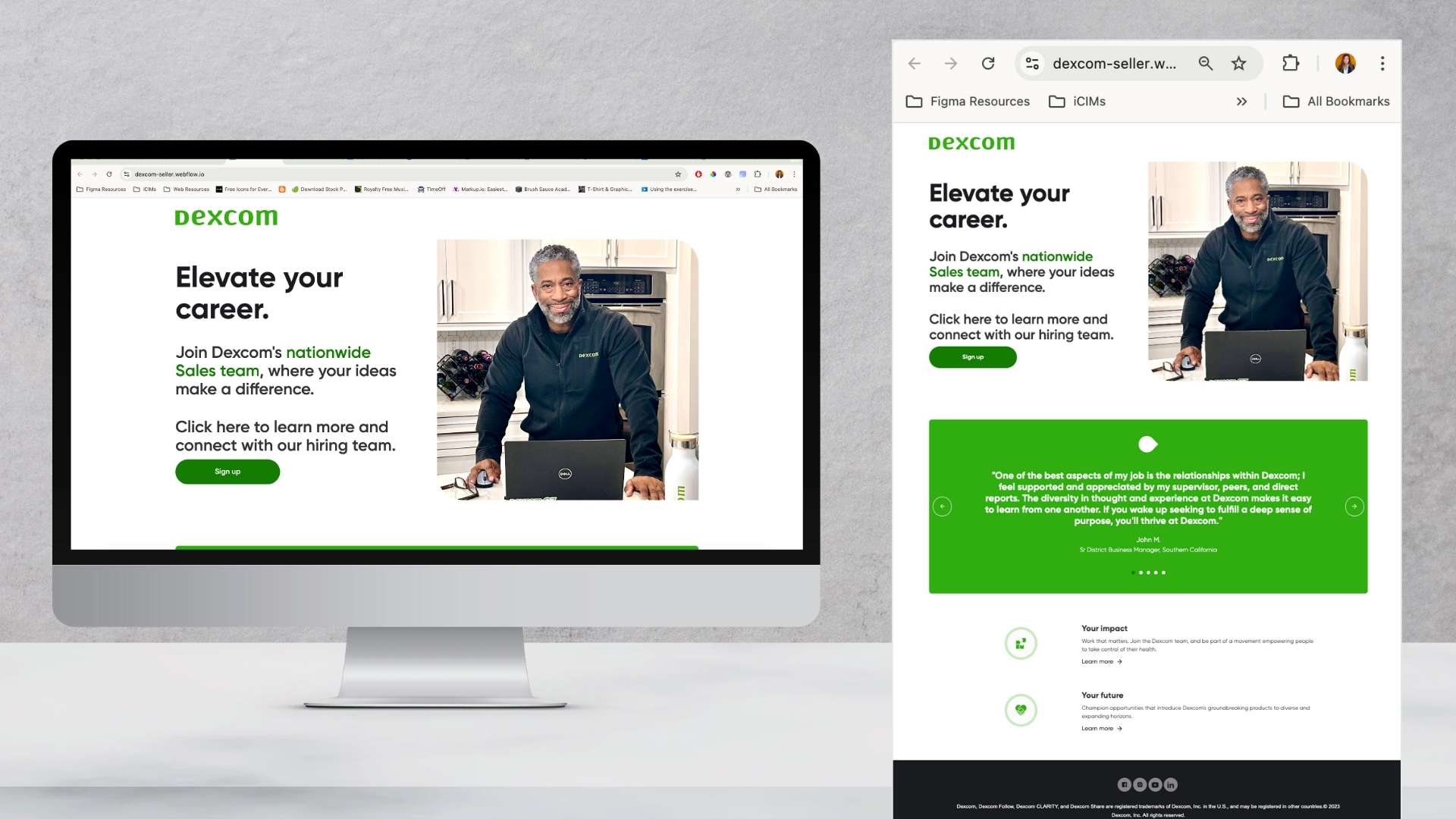 Computer and phone screens showing Dexcom careers webpage with a man smiling behind a laptop and text encouraging joining the nationwide sales team.