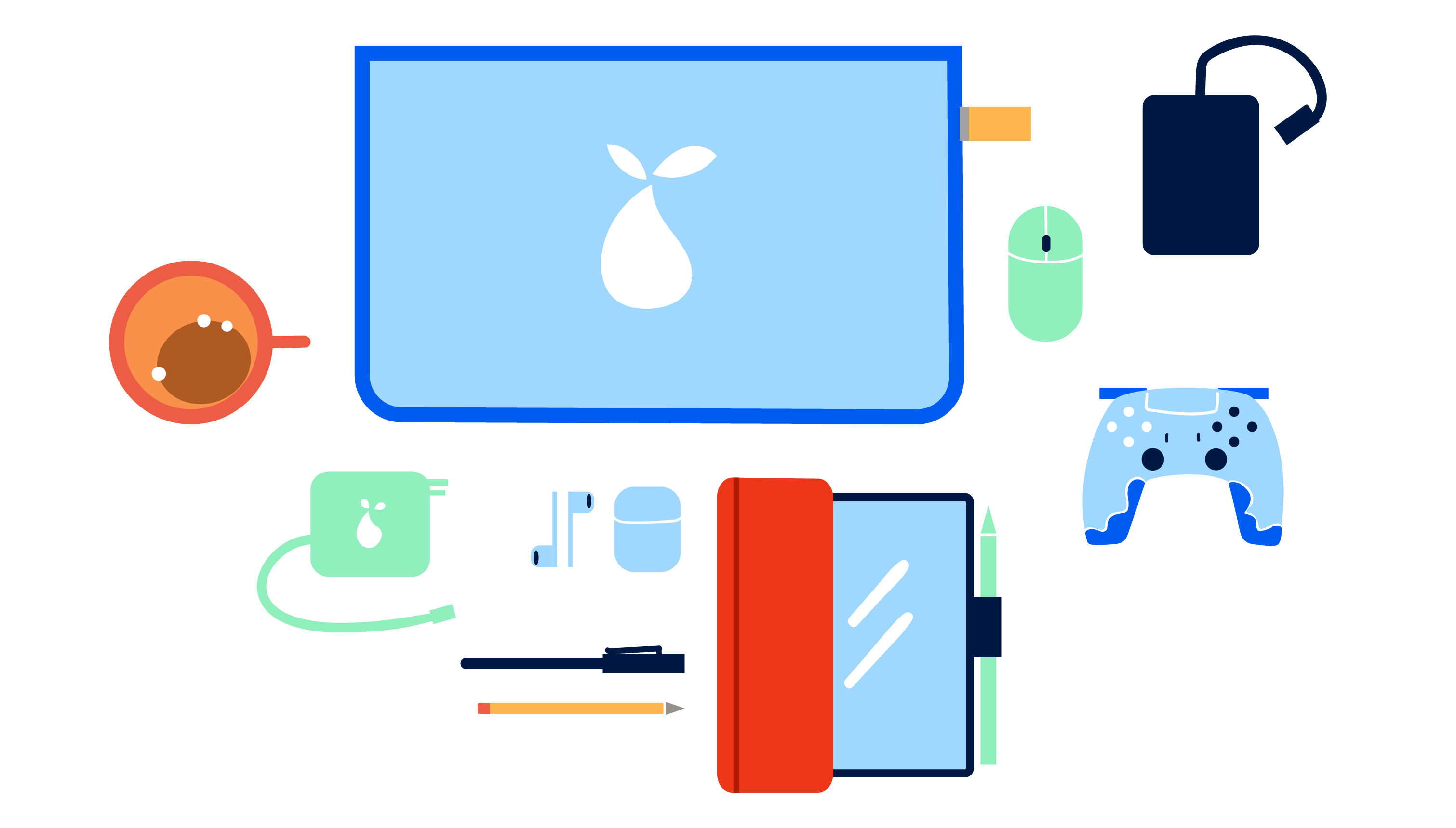 Vector art of laptop, game controller, mouse, notebook