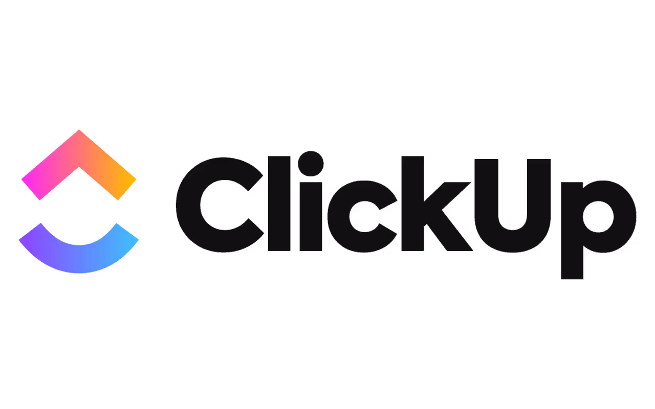 ClickUp logo with a colorful abstract symbol to the left of the black text 'ClickUp'.