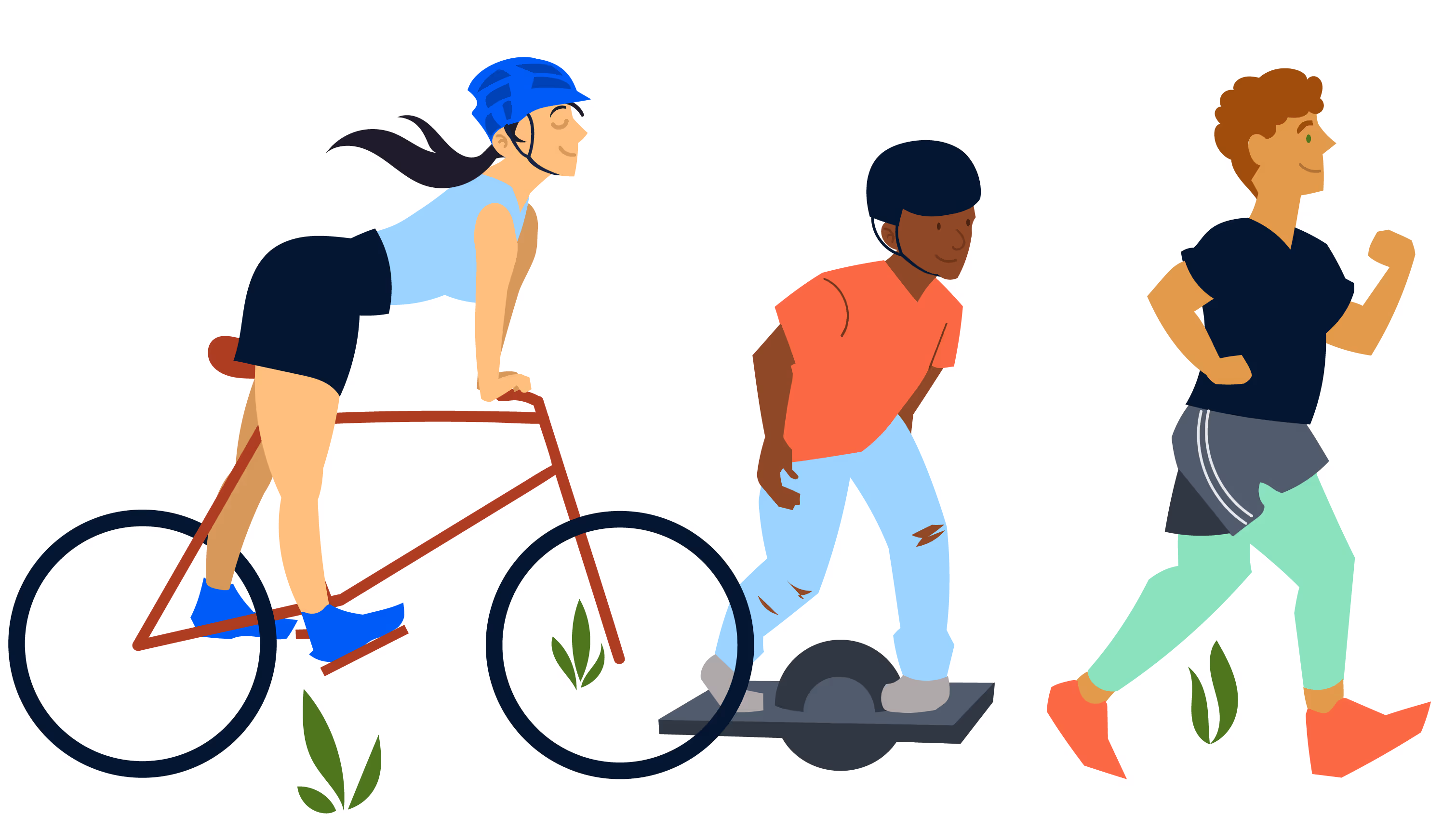 Vector artwork of someone jogging, biking and riding a one wheel