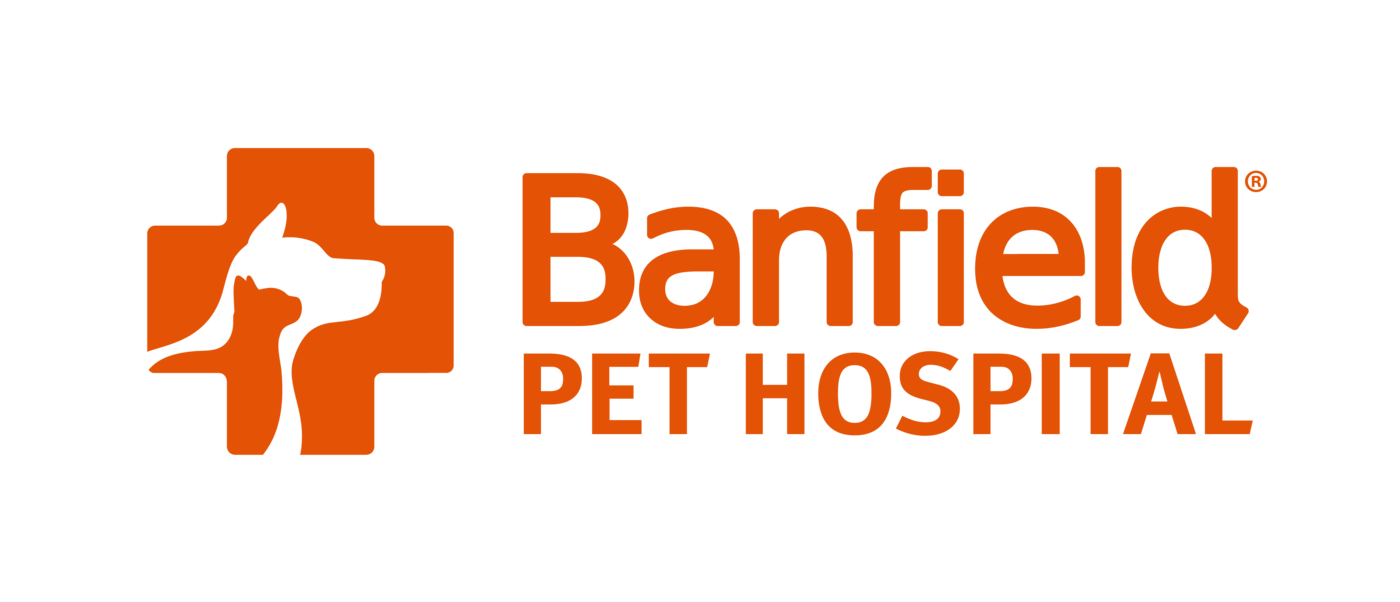 Banfield Pet Hospital logo with orange medical cross and silhouettes of a dog and cat.
