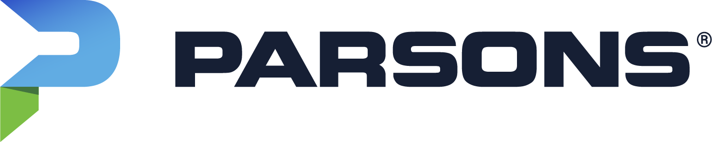 Parsons Corporation logo featuring a stylized blue letter P with a green corner detail, next to bold black text reading PARSONS.