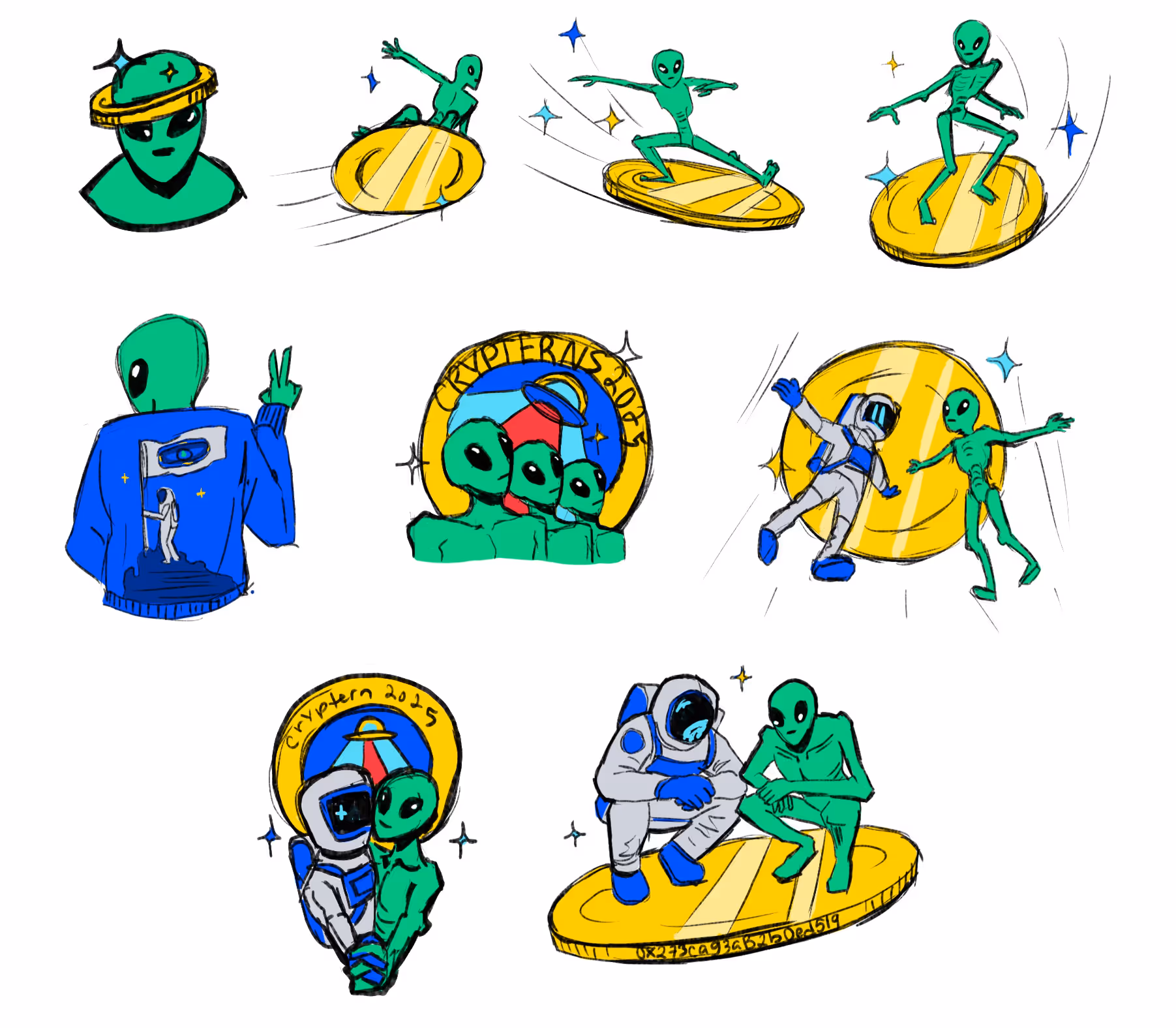 Colorful digital sketches featuring green aliens and astronauts interacting with golden cryptocurrency coins and symbols, including playful poses and friendship scenes.
