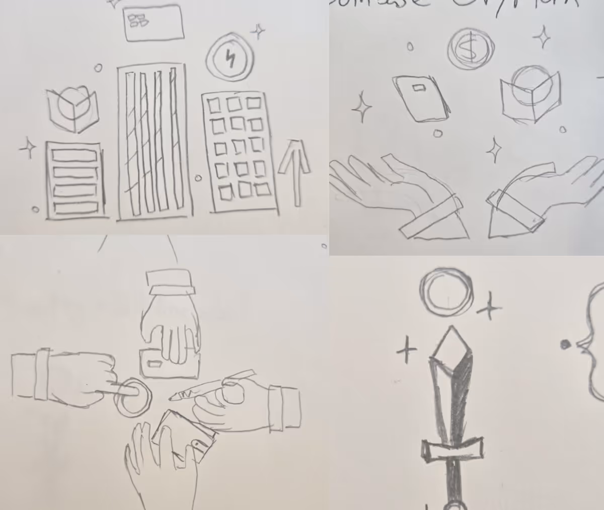 Pencil sketches of four scenes: city buildings with energy icon and upward arrow, open hands with money symbols, multiple hands exchanging cards and pointing at a button, and a stylized sword with sparkles.