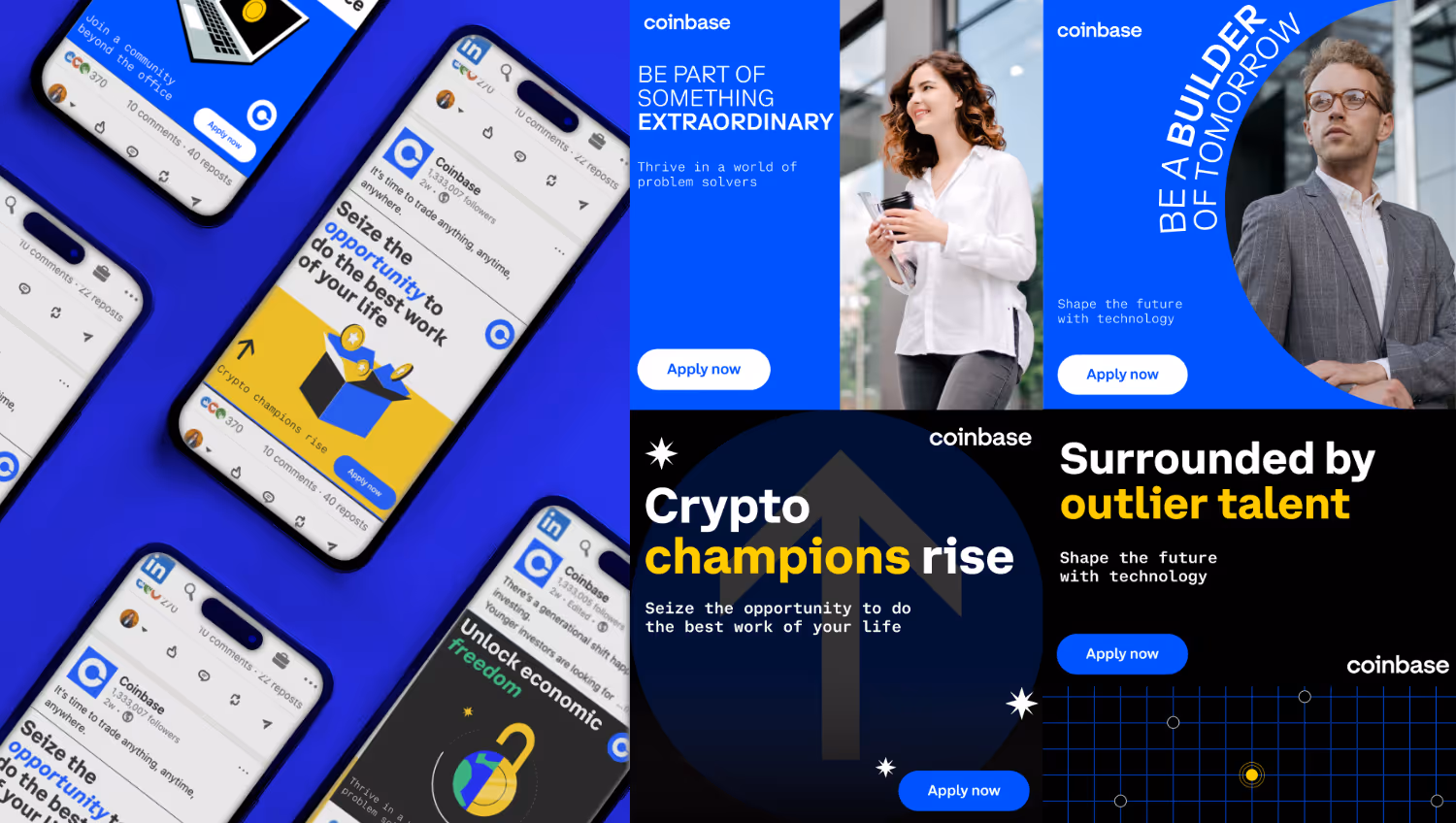 Collage of Coinbase recruitment ads showing smartphones with job posts, and messages encouraging to apply, featuring phrases like 'Crypto champions rise,' 'Be part of something extraordinary,' and 'Surrounded by outlier talent.'