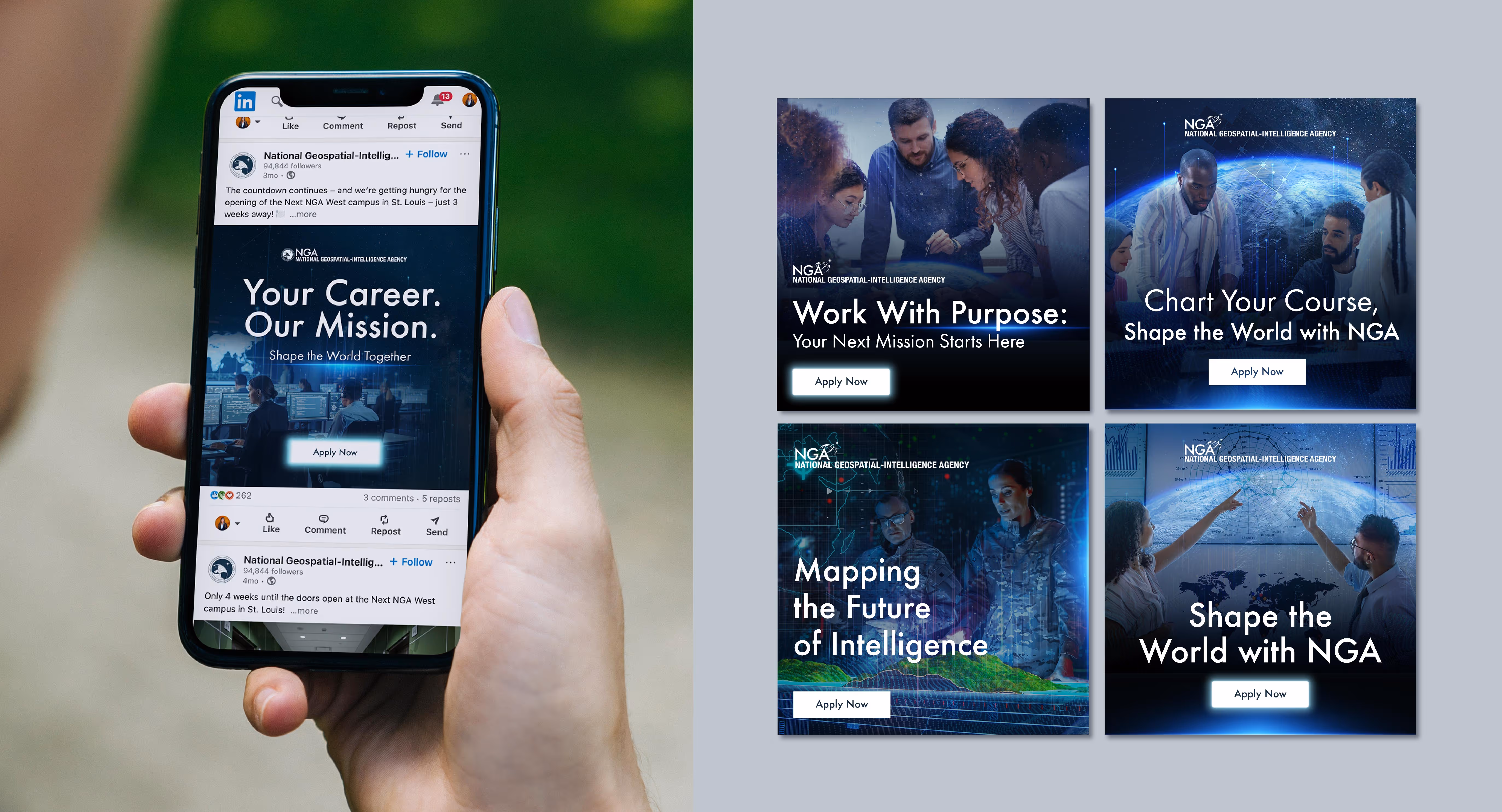 Hand holding a smartphone displaying a LinkedIn post from National Geospatial-Intelligence Agency about career opportunities, next to four NGA recruitment ads encouraging to apply now.