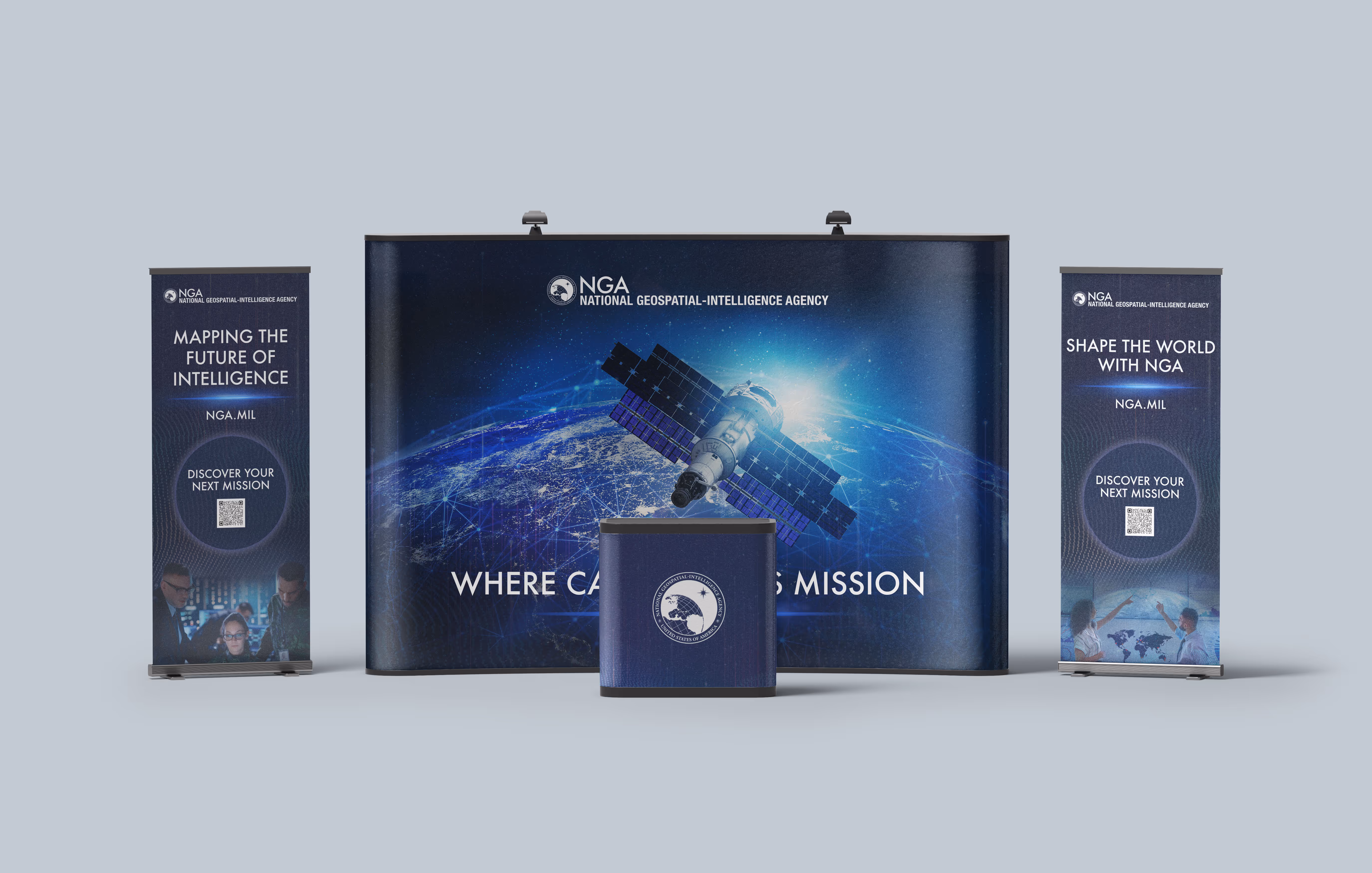 National Geospatial-Intelligence Agency booth with banners showing satellite over Earth and text about mapping intelligence missions.
