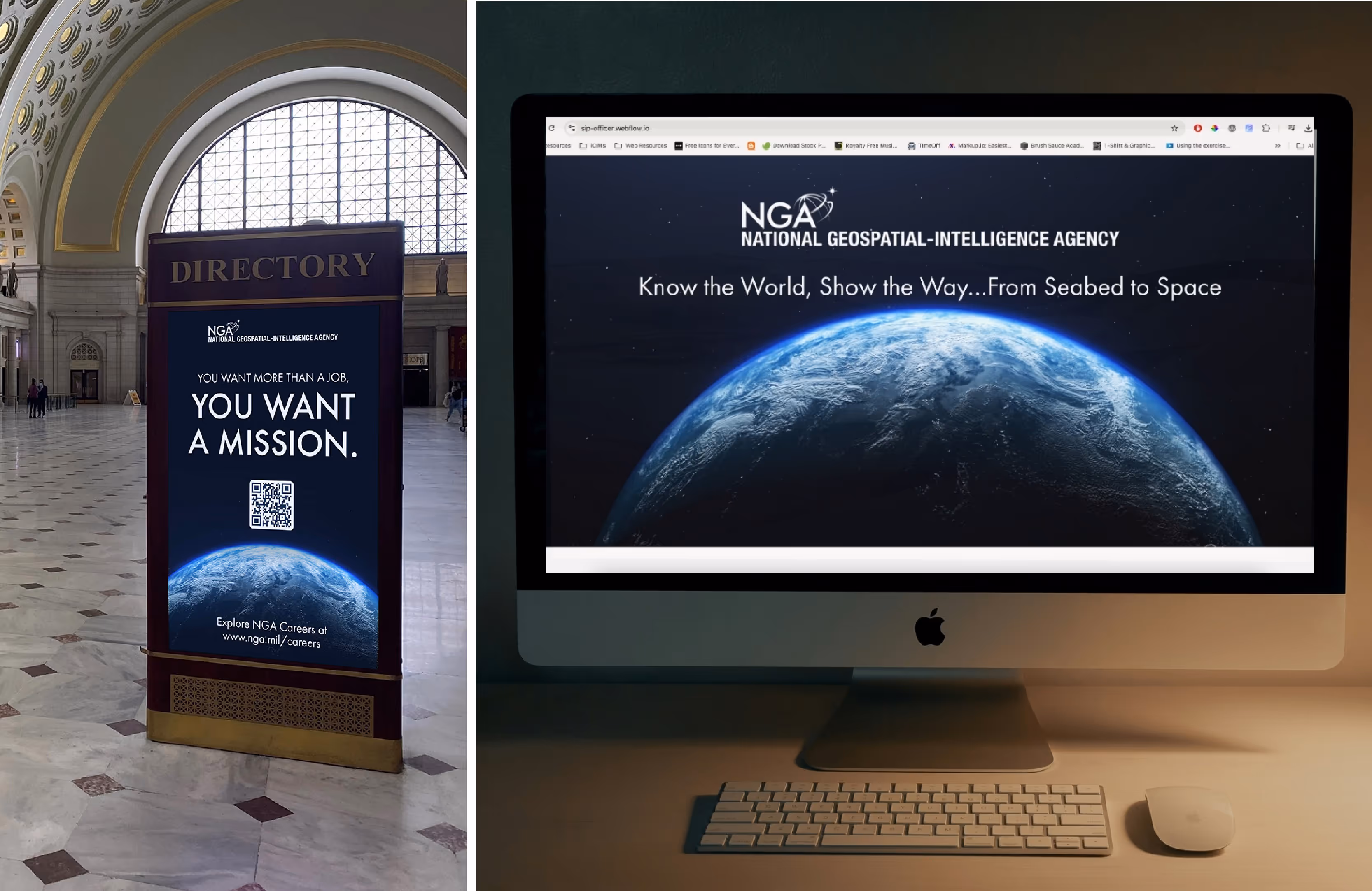 Left: National Geospatial-Intelligence Agency recruitment sign in a marble hall reading 'You want more than a job, you want a mission' with a QR code; Right: Computer screen displaying NGA slogan 'Know the World, Show the Way...From Seabed to Space' above an image of Earth.