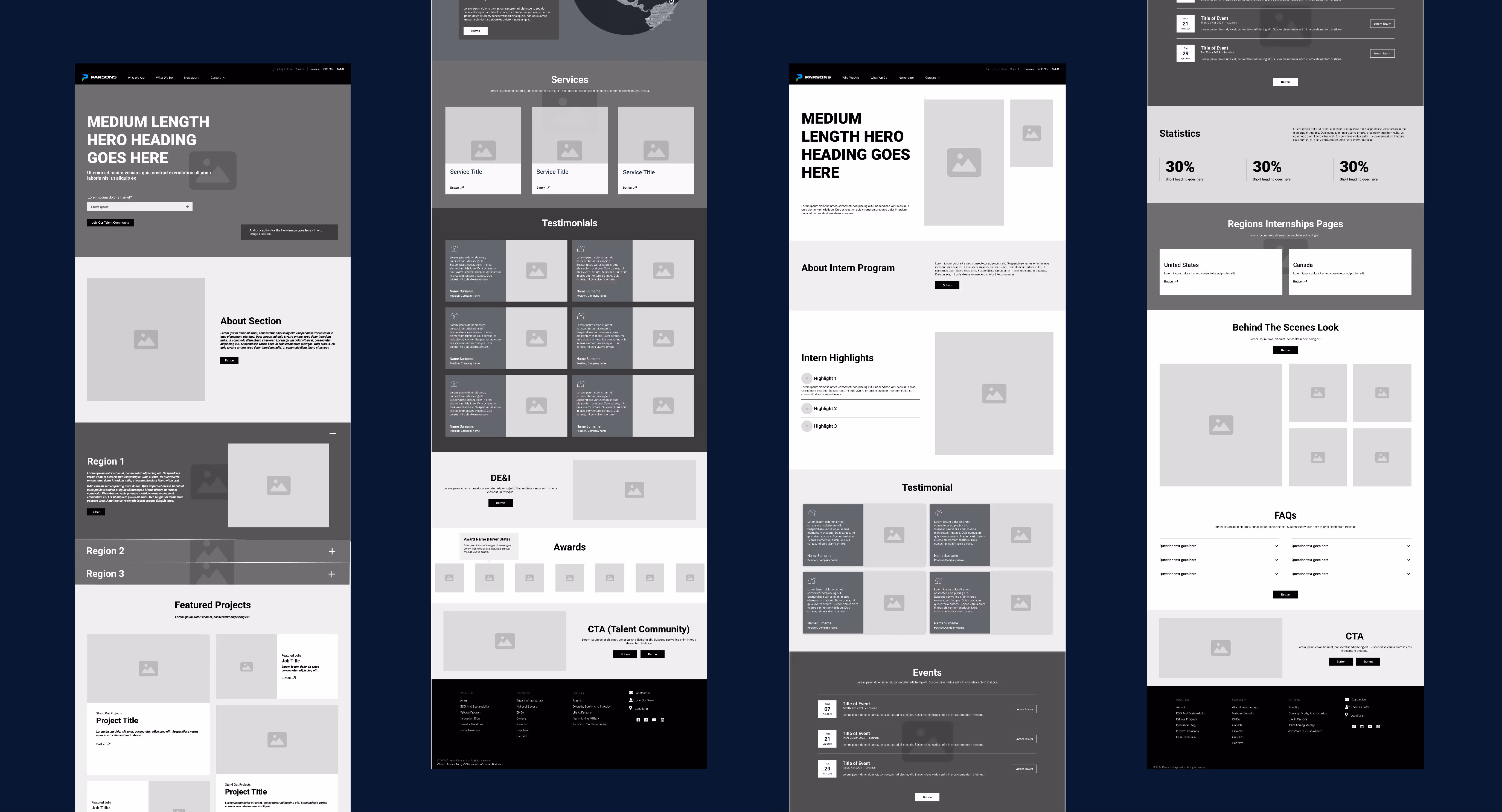 Four website layout wireframes with sections for hero headings, about, services, testimonials, featured projects, awards, events, FAQs, and calls to action.