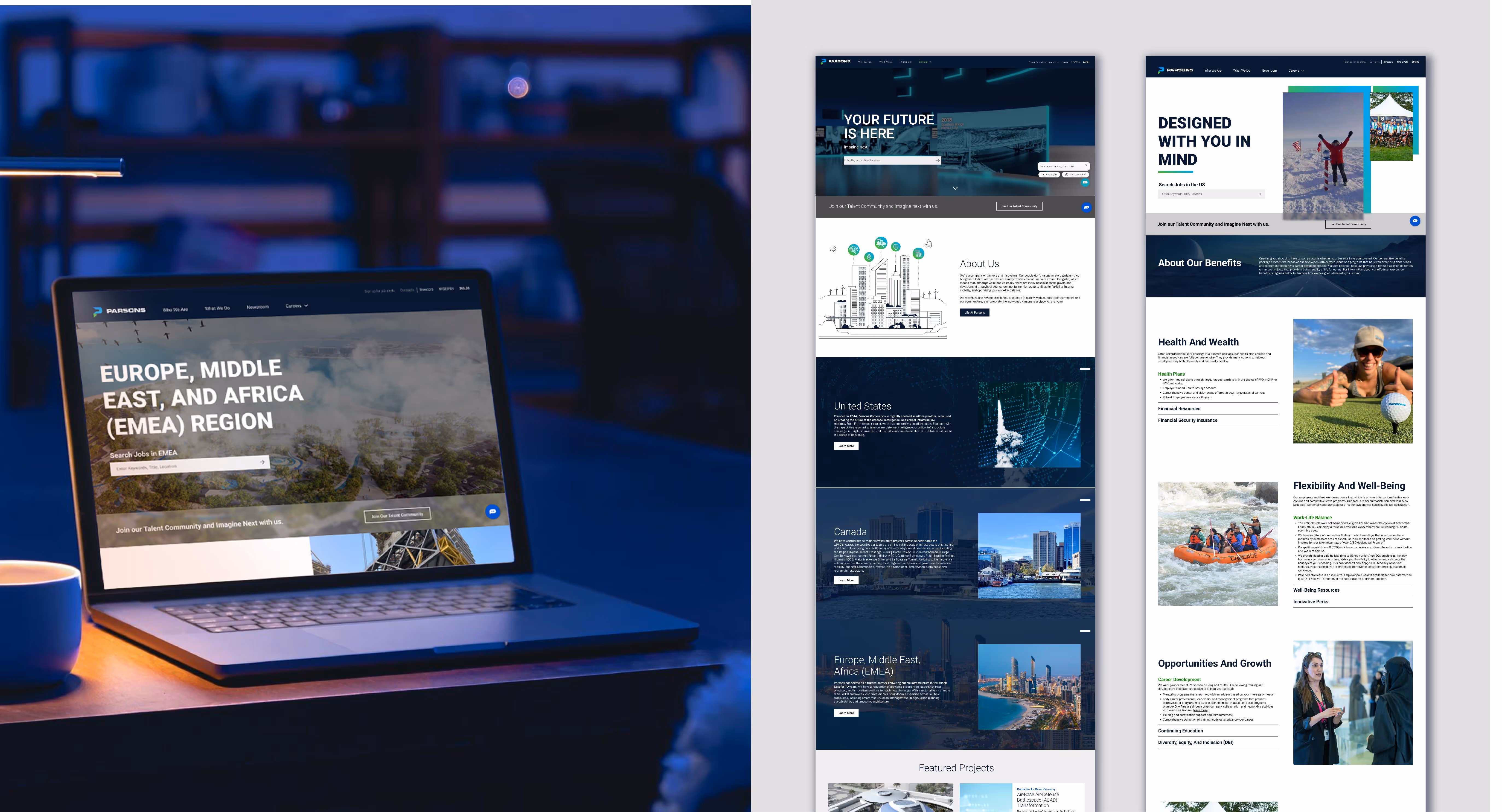 Laptop displaying a job search webpage for Europe, Middle East, and Africa (EMEA) region on a desk with a coffee cup, alongside two vertical screenshots of related website pages highlighting job locations, benefits, and projects.