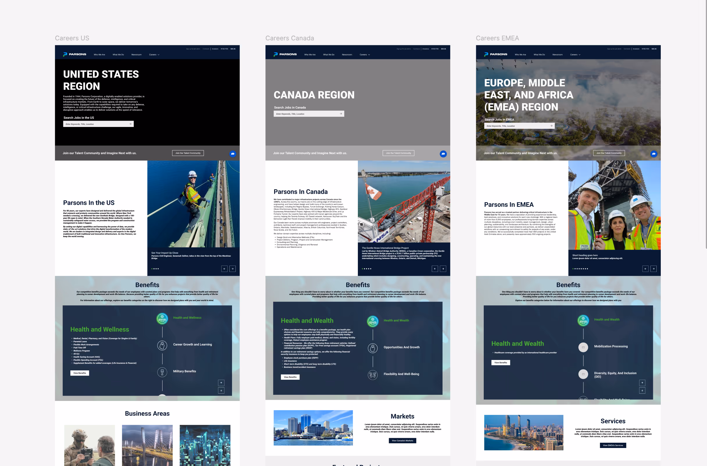 Three Parsons careers section mockups for US, Canada, and EMEA regions showing region headers, search bars, benefits, and related images including workers and cityscapes.