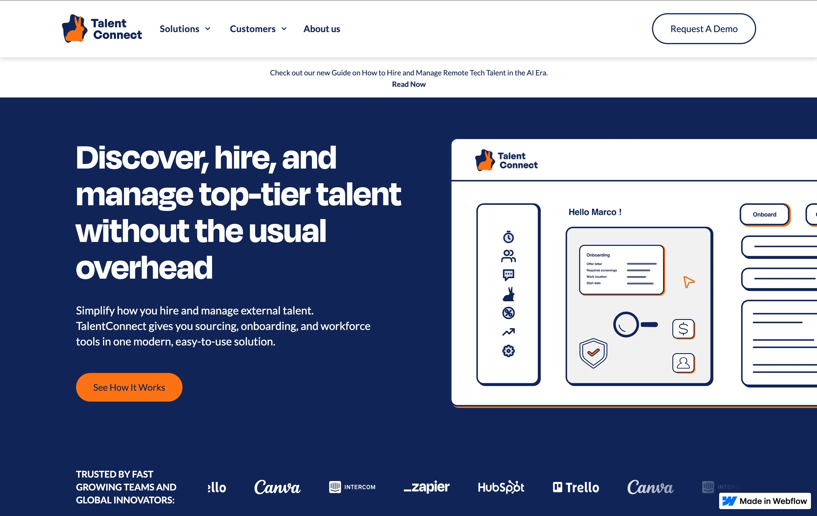 Talent Connect homepage with the headline 'Discover, hire, and manage top-tier talent without the usual overhead,' an orange 'See how it works' button, and logos of partner companies.