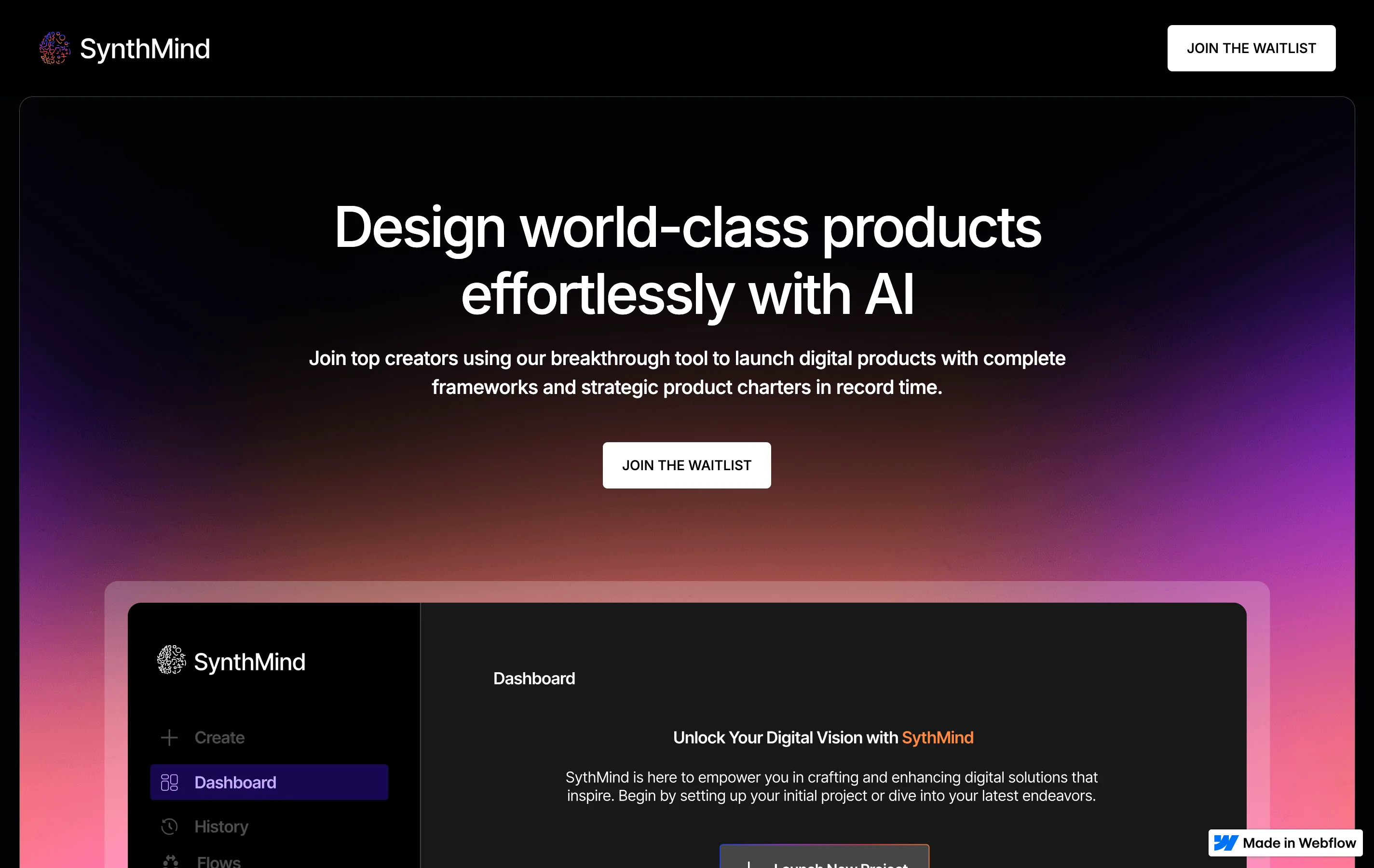 SynthMind landing page showing the headline 'Design world-class products effortlessly with AI' with a purple gradient background and a 'Join the waitlist' call-to-action button.