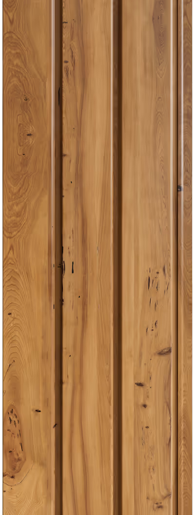 Vertical pecky cypress wood panels with natural knots and textured grain in warm brown tones.