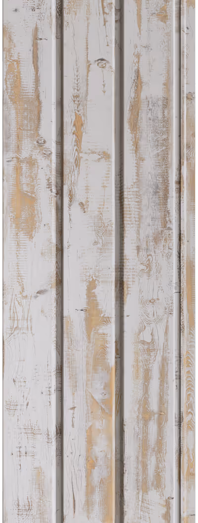 Close-up of vertically aligned wooden planks with a distressed white paint finish revealing natural wood grain underneath.