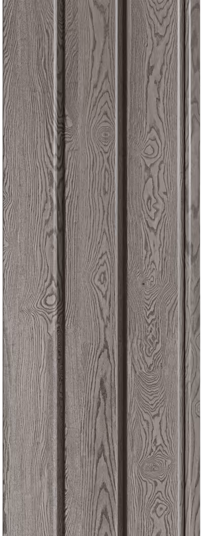 Close-up of grey wood paneling with visible grain texture and vertical grooves.