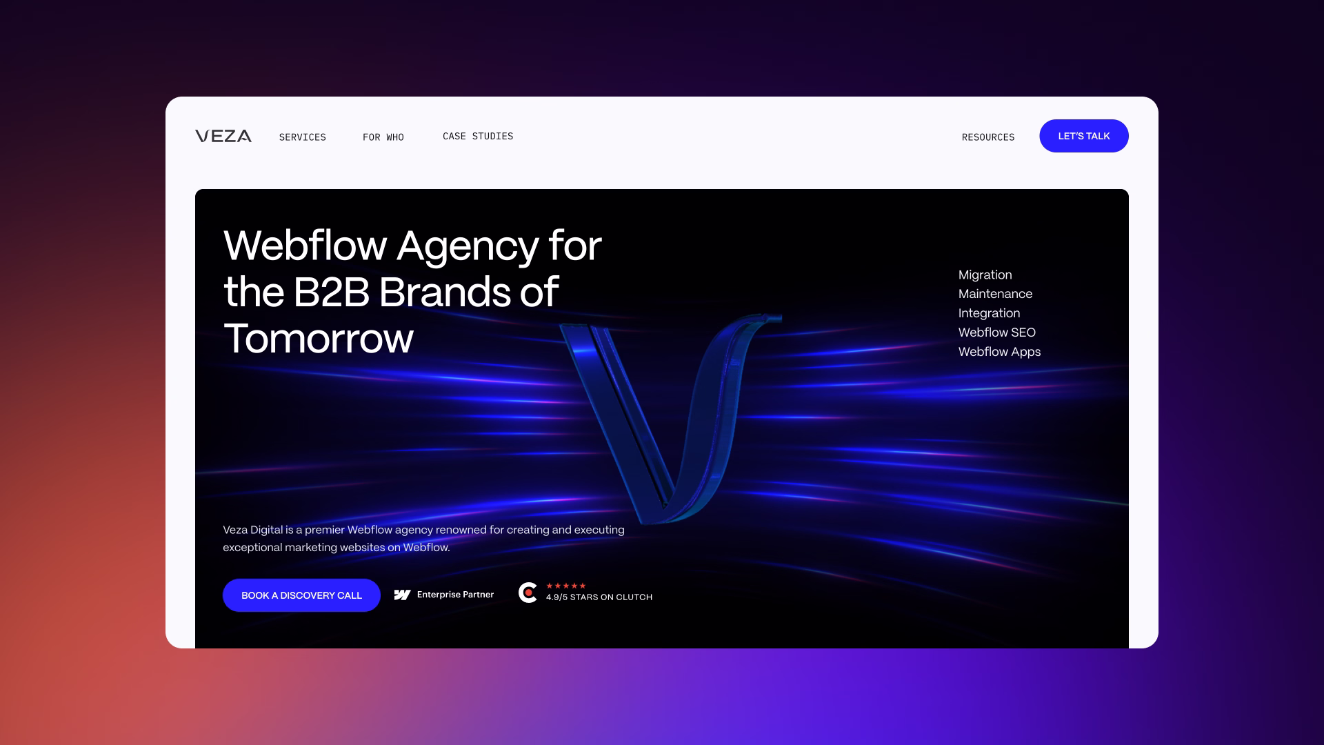 Screenshot of Veza Digital homepage showcasing Webflow-based SaaS website design, user navigation, and conversion-focused layout.