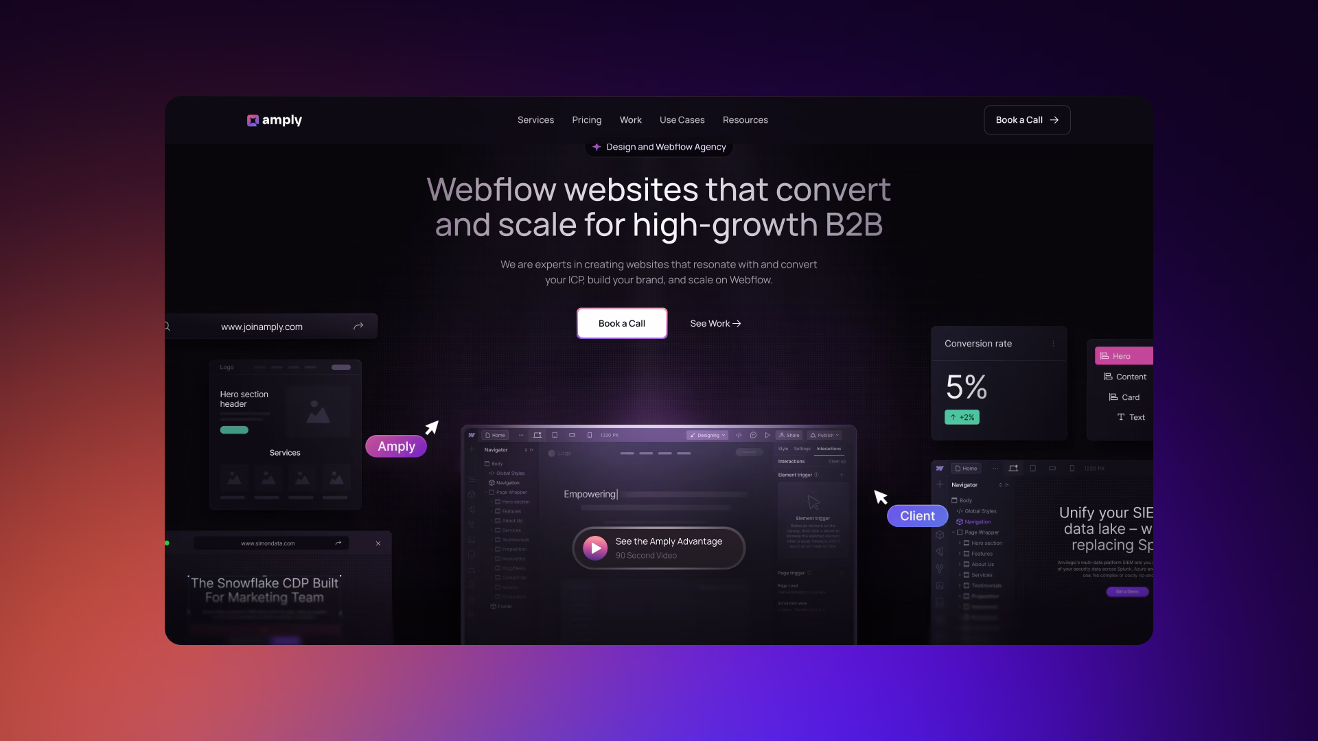 Screenshot of Amply homepage highlighting clean Webflow design, fast-loading pages, and interactive elements for B2B SaaS.