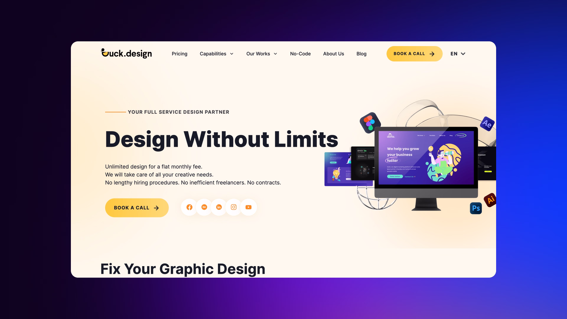 Screenshot of Duck Design homepage illustrating subscription-based creative services, clean UI, and brand-focused website components.