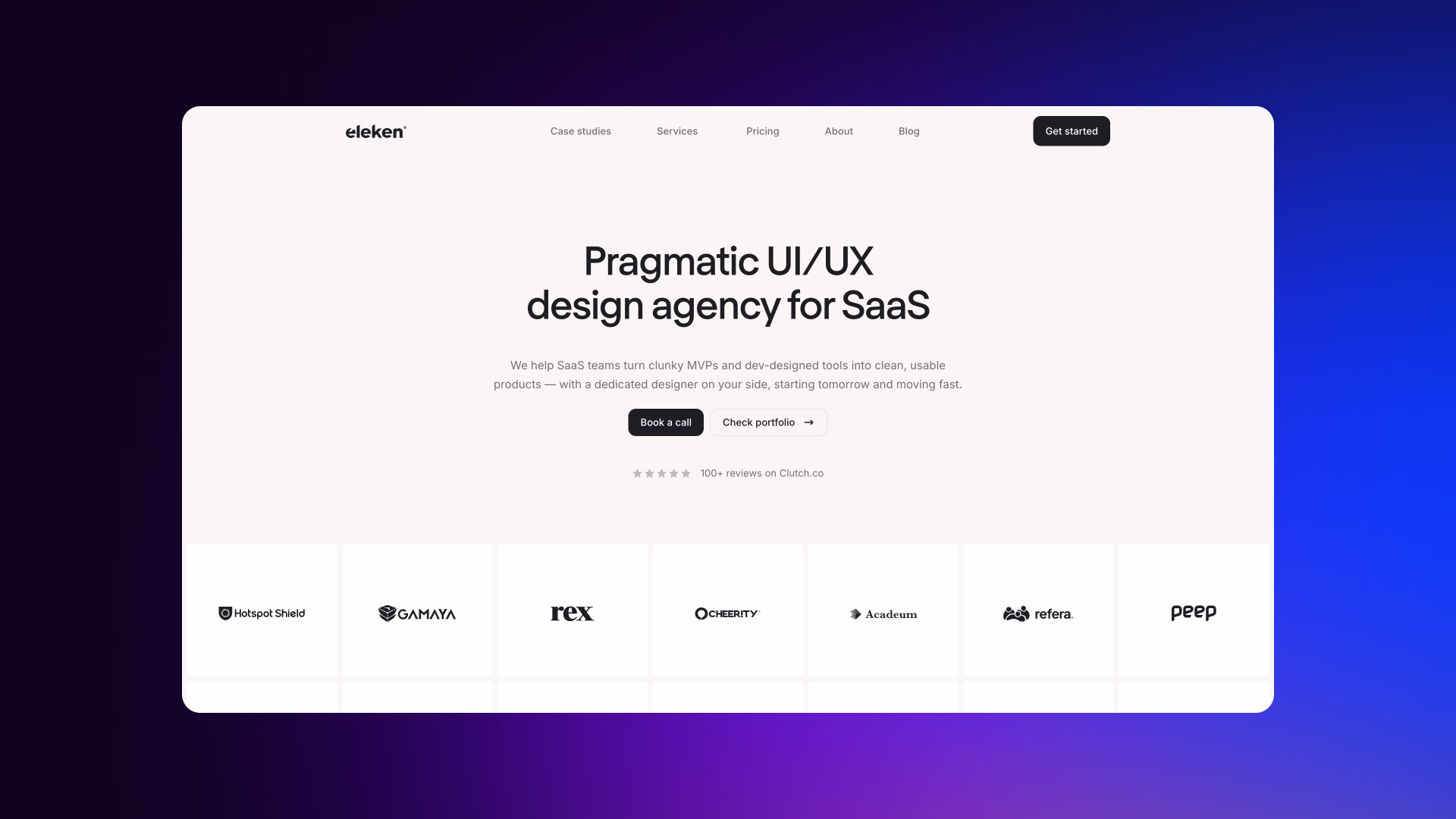 Screenshot of Eleken homepage highlighting SaaS UI/UX design, intuitive navigation, and scalable product interfaces.