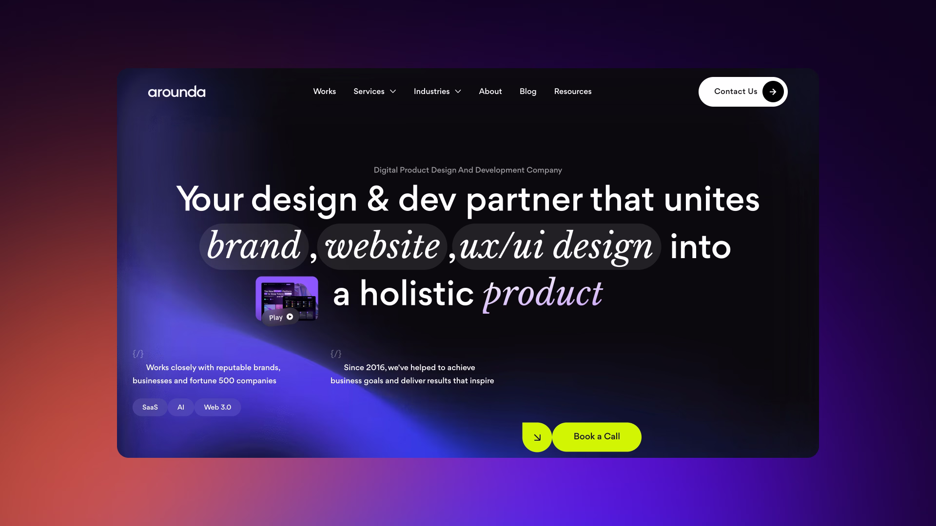 Screenshot of Arounda homepage displaying UX/UI design for SaaS and tech products, Webflow layout, and user-focused navigation.