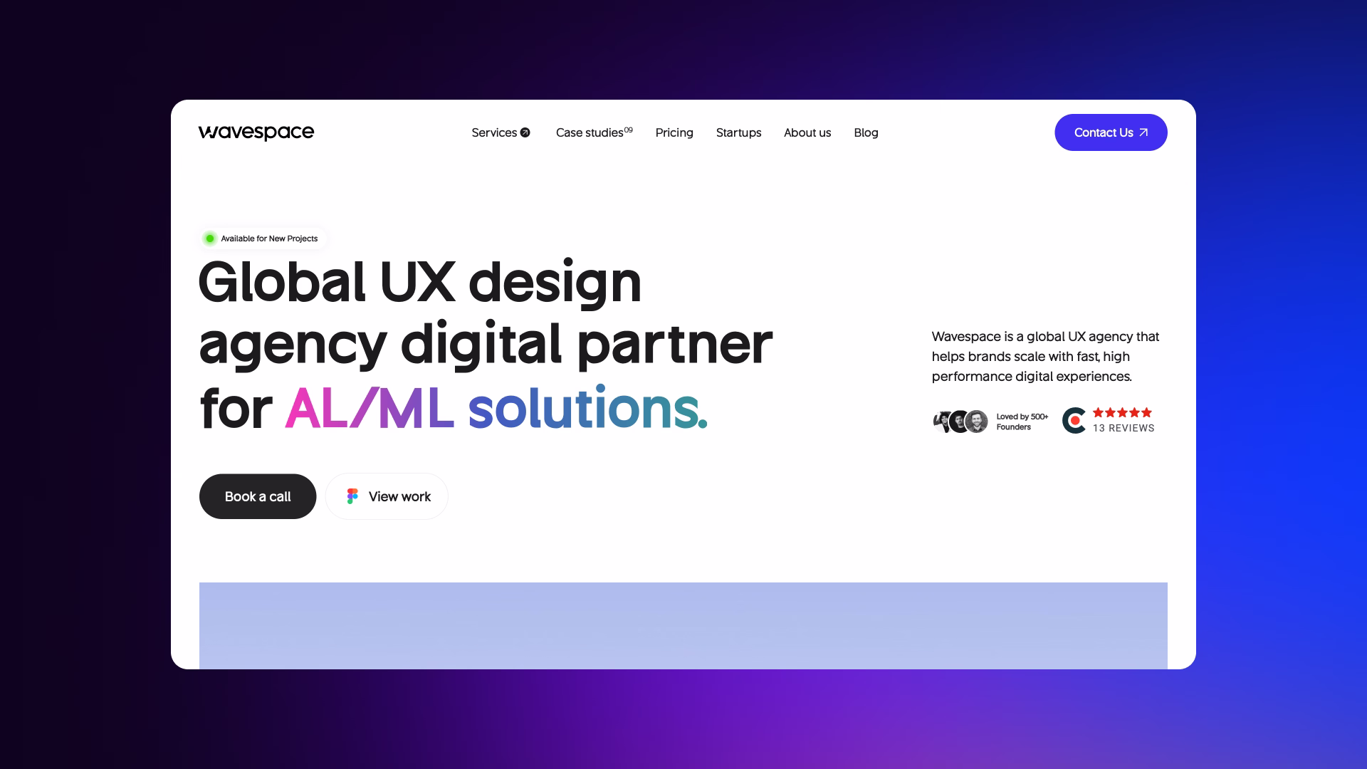 Screenshot of Wavespace homepage highlighting conversion-driven UX, onboarding features, and product design for startups.