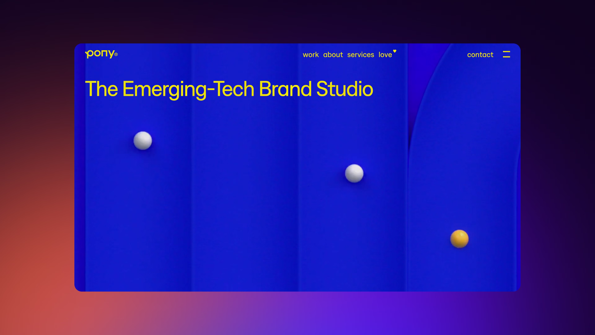 Screenshot of Pony Studio homepage showcasing brand strategy visuals, UI/UX interface, and clean SaaS-focused design.