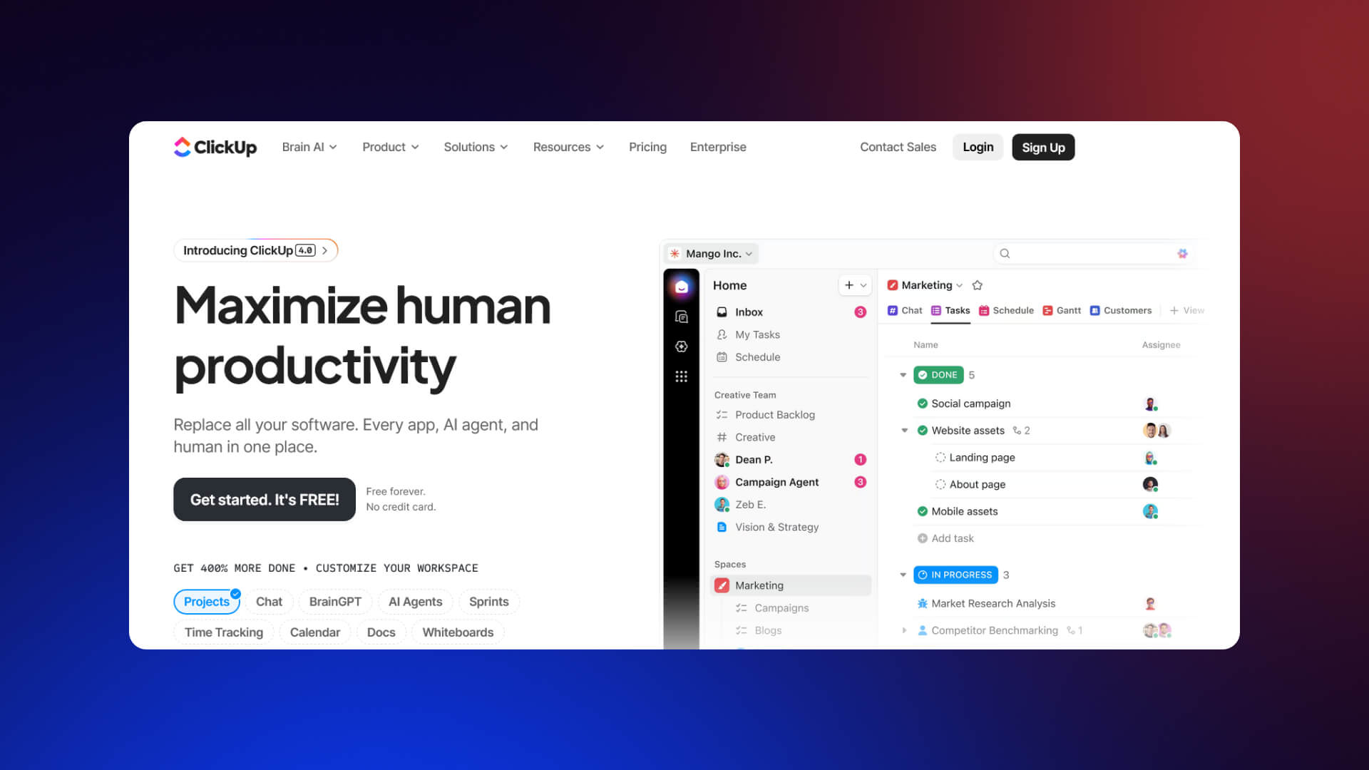 A screenshot of a ClickUp Home page.