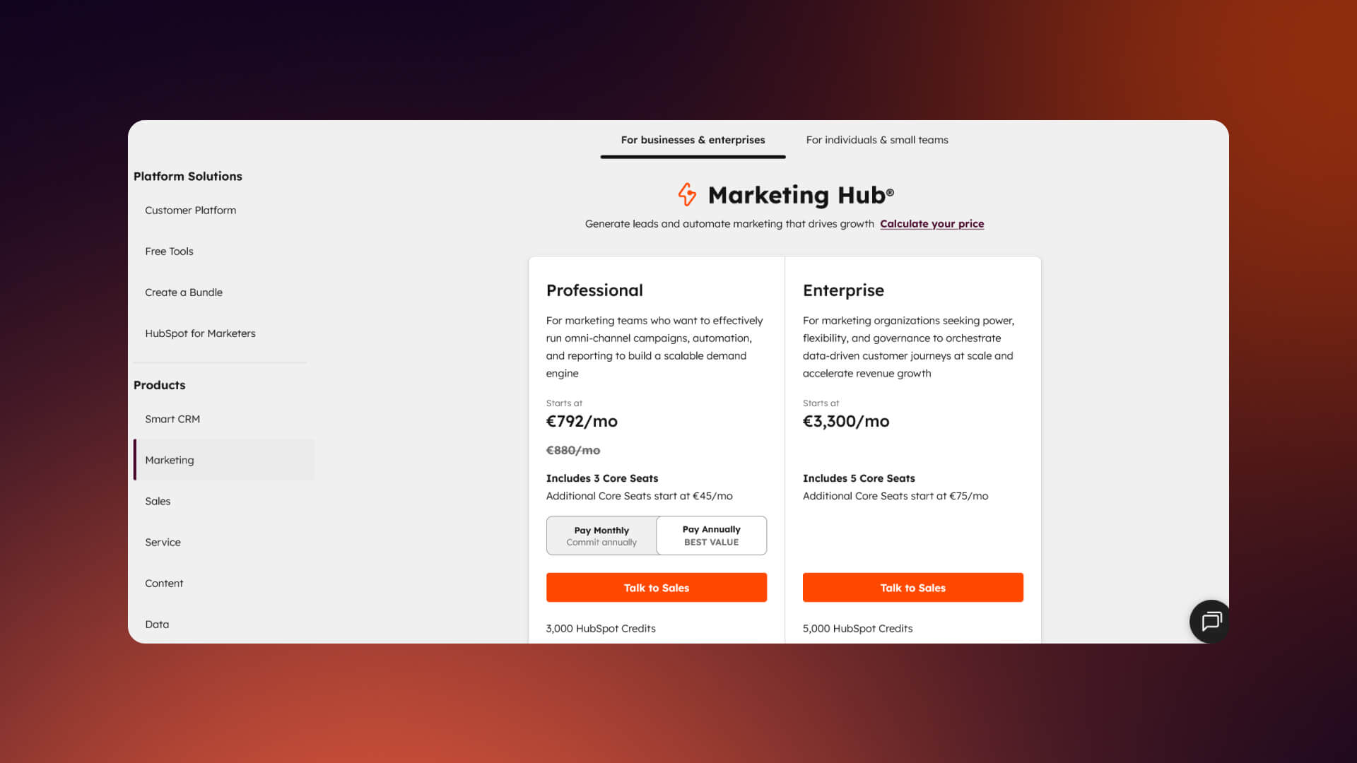 A screenshot of a HubSpot pricing page