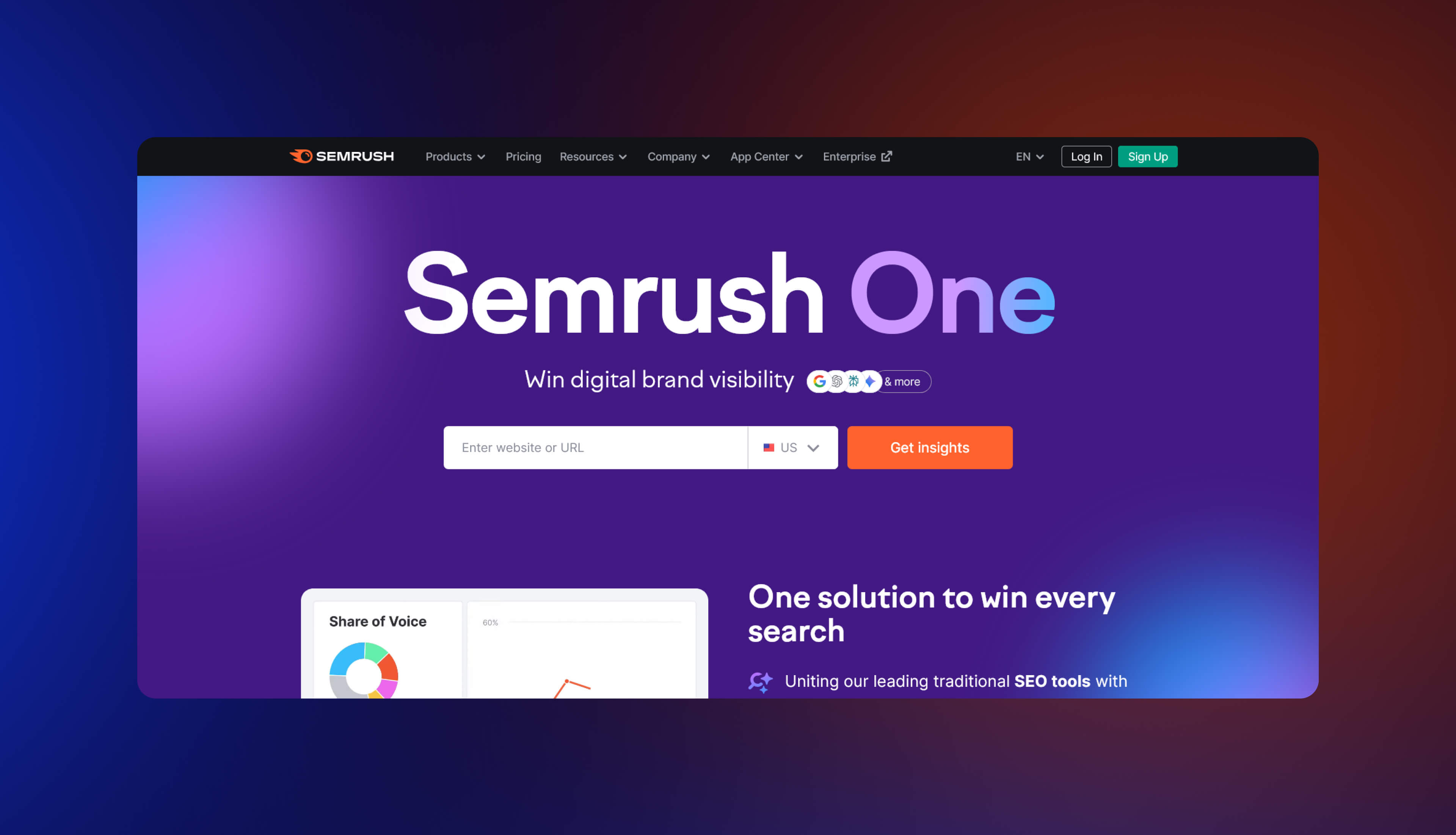 A screenshot of Semrush homepage.