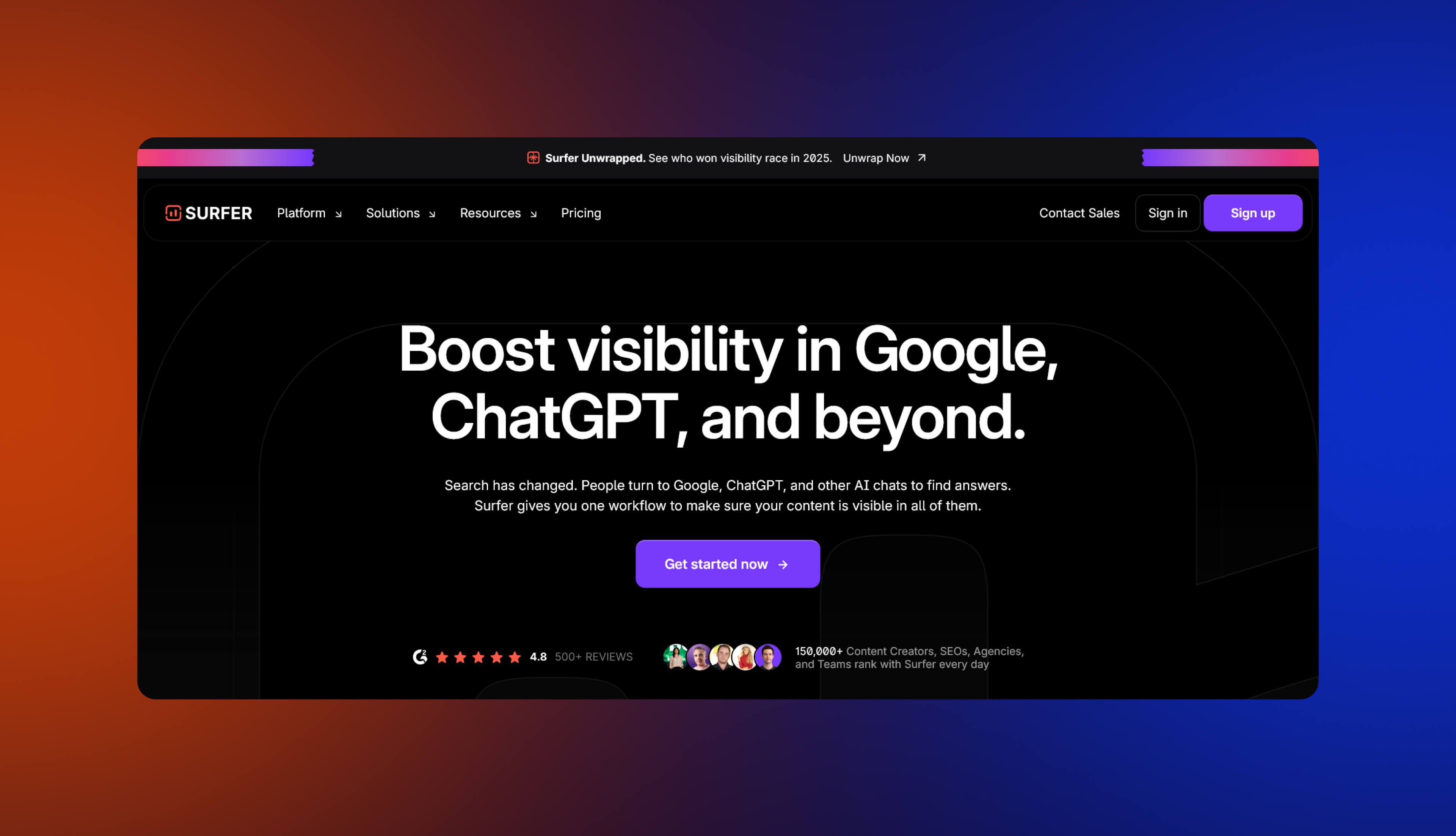 A screenshot of Surfer SEO homepage.