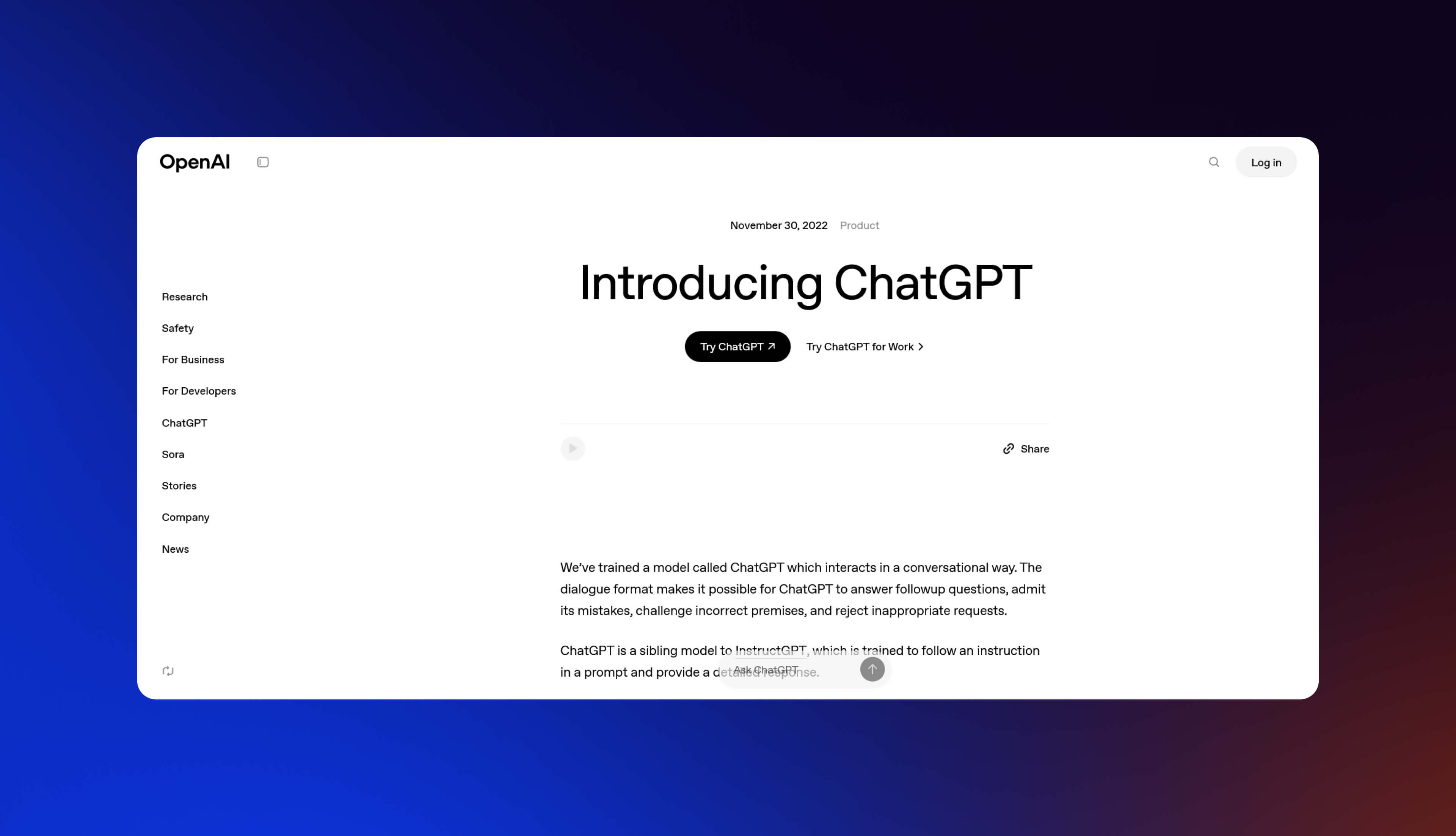 A screenshot of ChatGPT homepage.