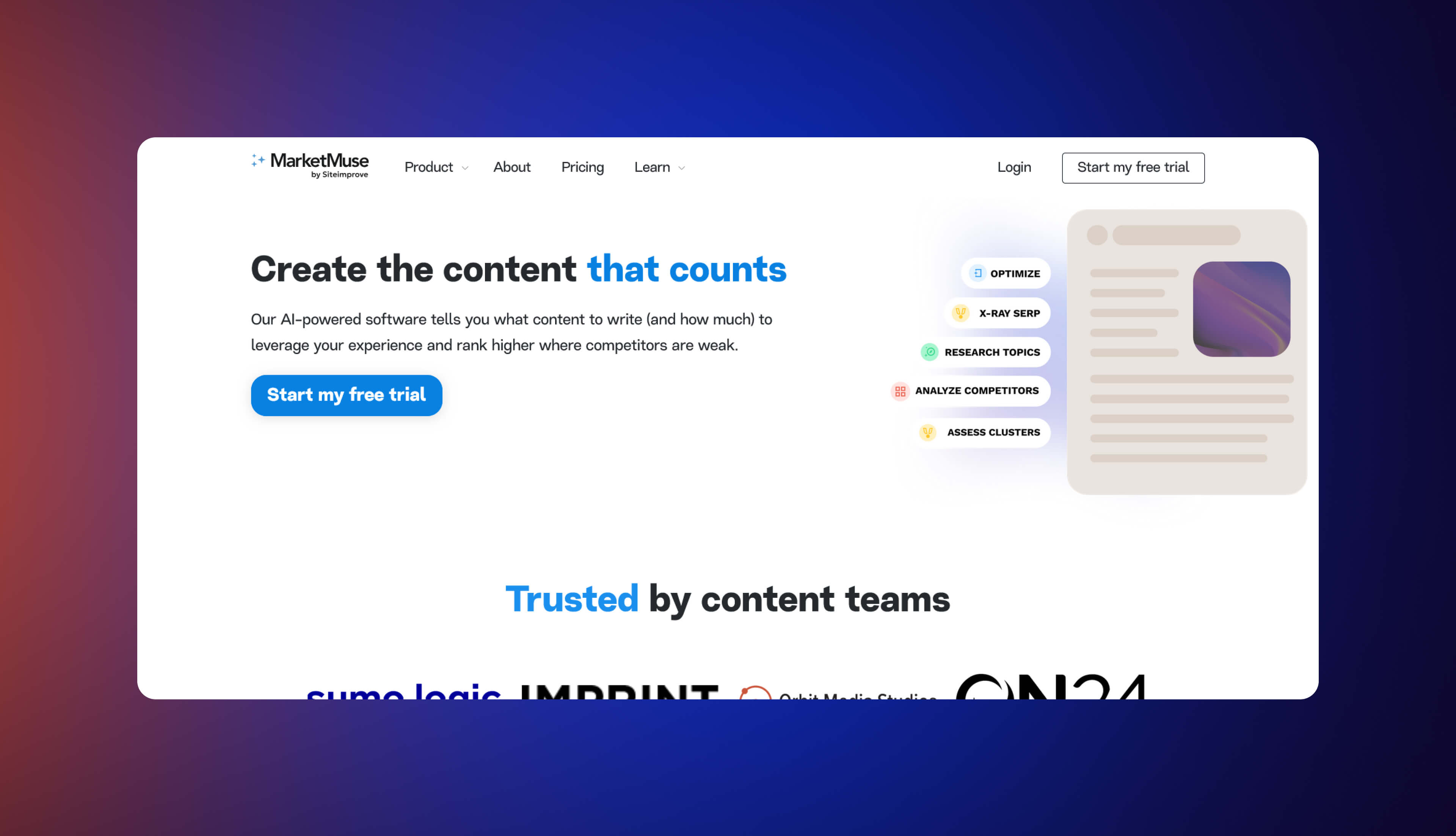 A screenshot of MarketMuse homepage.