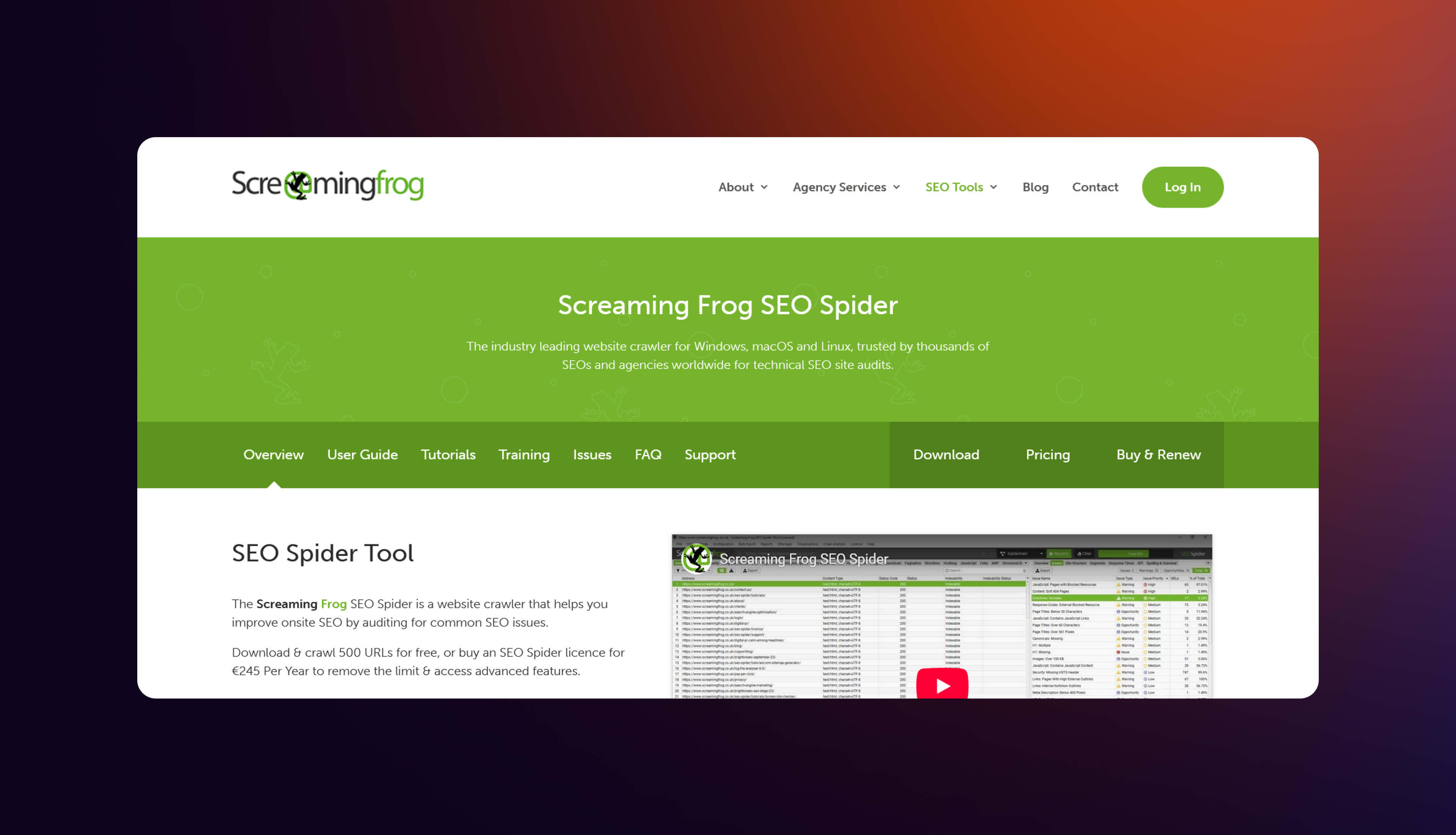 A screenshot of Screaming Frog homepage.